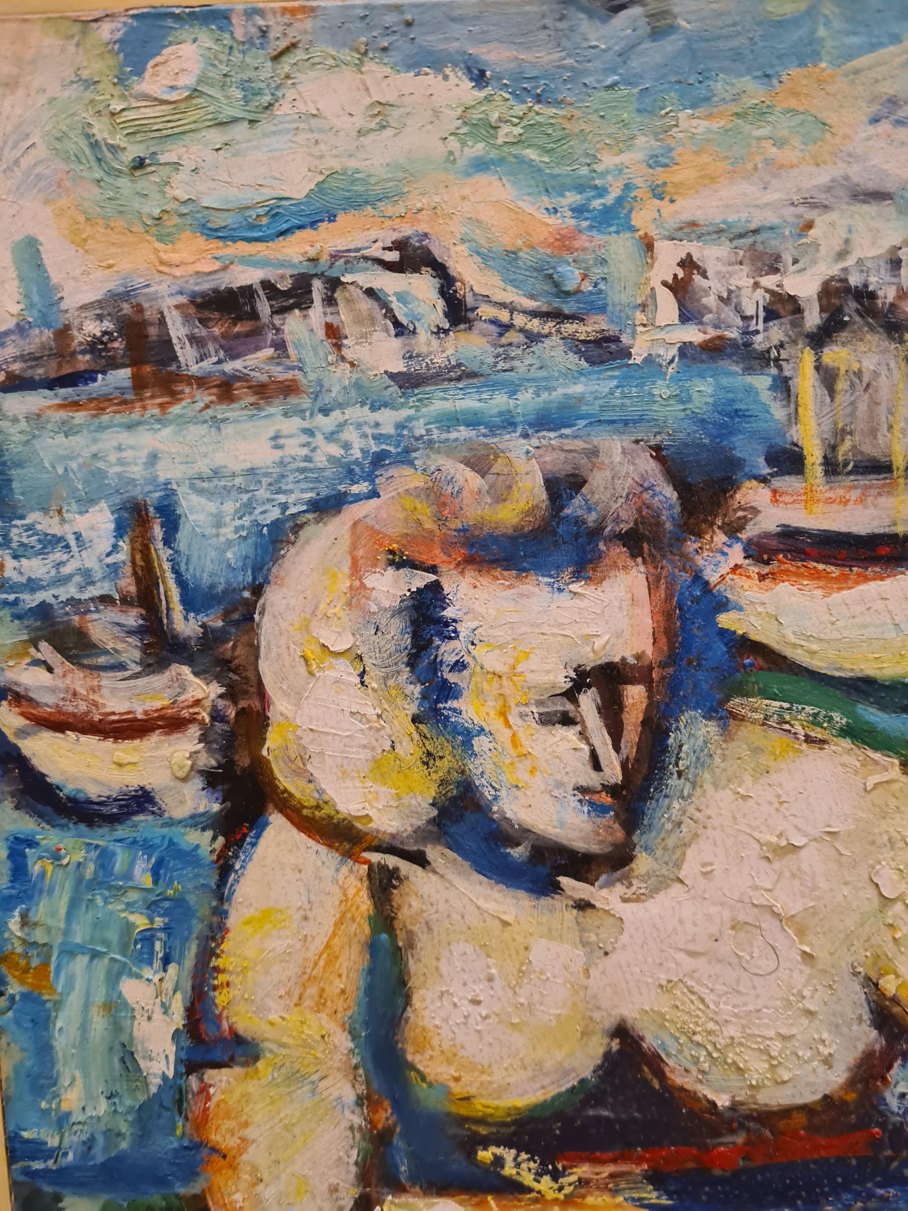 Mid century French Expressionist Marseille harbour scene of a fish seller, oil on board by Joseph Stamboulian. Signed bottom right.

Stamboulian spent much of his career capturing the life and charm of Marseille, in the South of France, and its