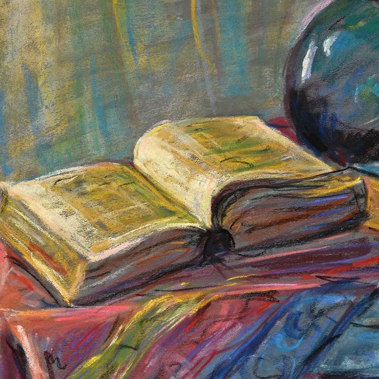 Still Life of Books and Chinese Lanterns in Vibrant Colors  - Painting by Joseph Stella