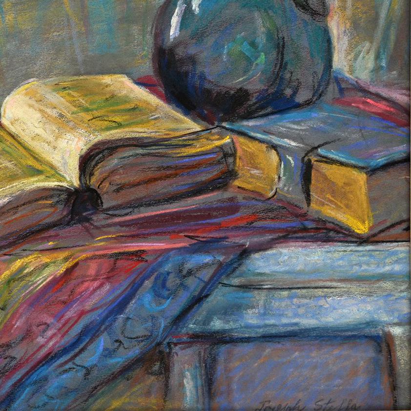 Stillleben mit Büchern und chinesischen Laternen in lebhaften Farben  (Grau), Still-Life Painting, von Joseph Stella