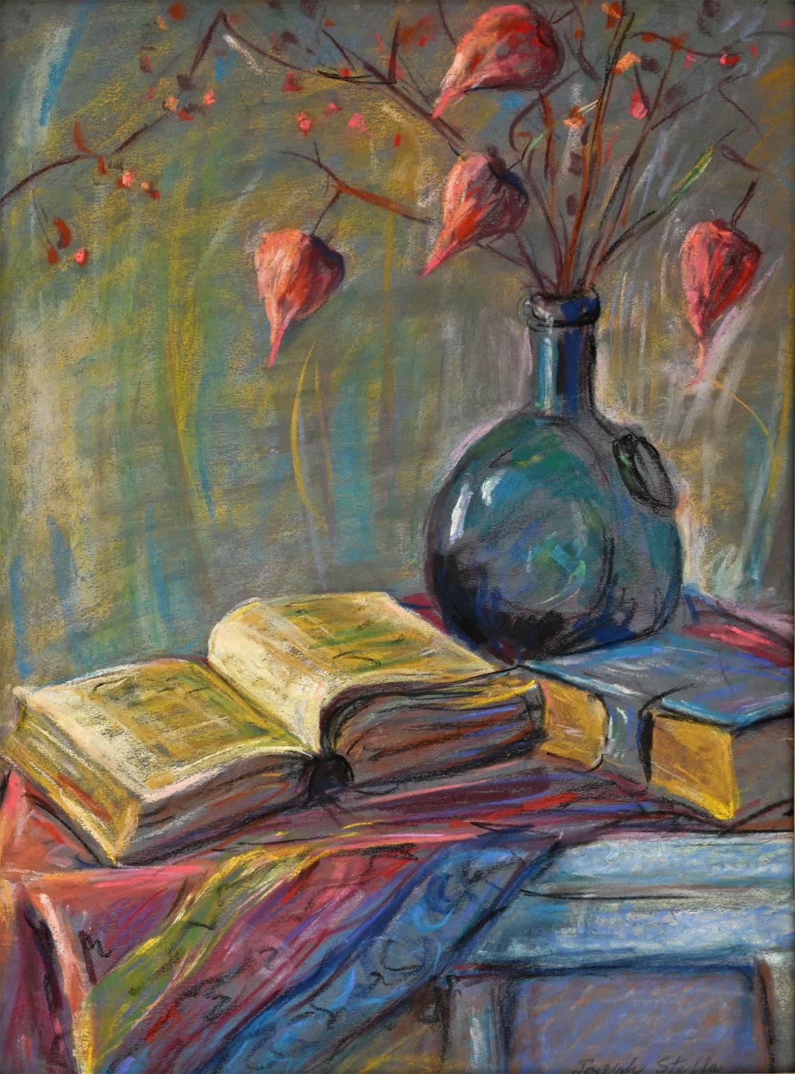 Still-Life Painting Joseph Stella - Nature morte de livres et de lanternes chinoises aux couleurs vives 