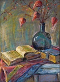 Still Life of Books and Chinese Lanterns in Vibrant Colors 