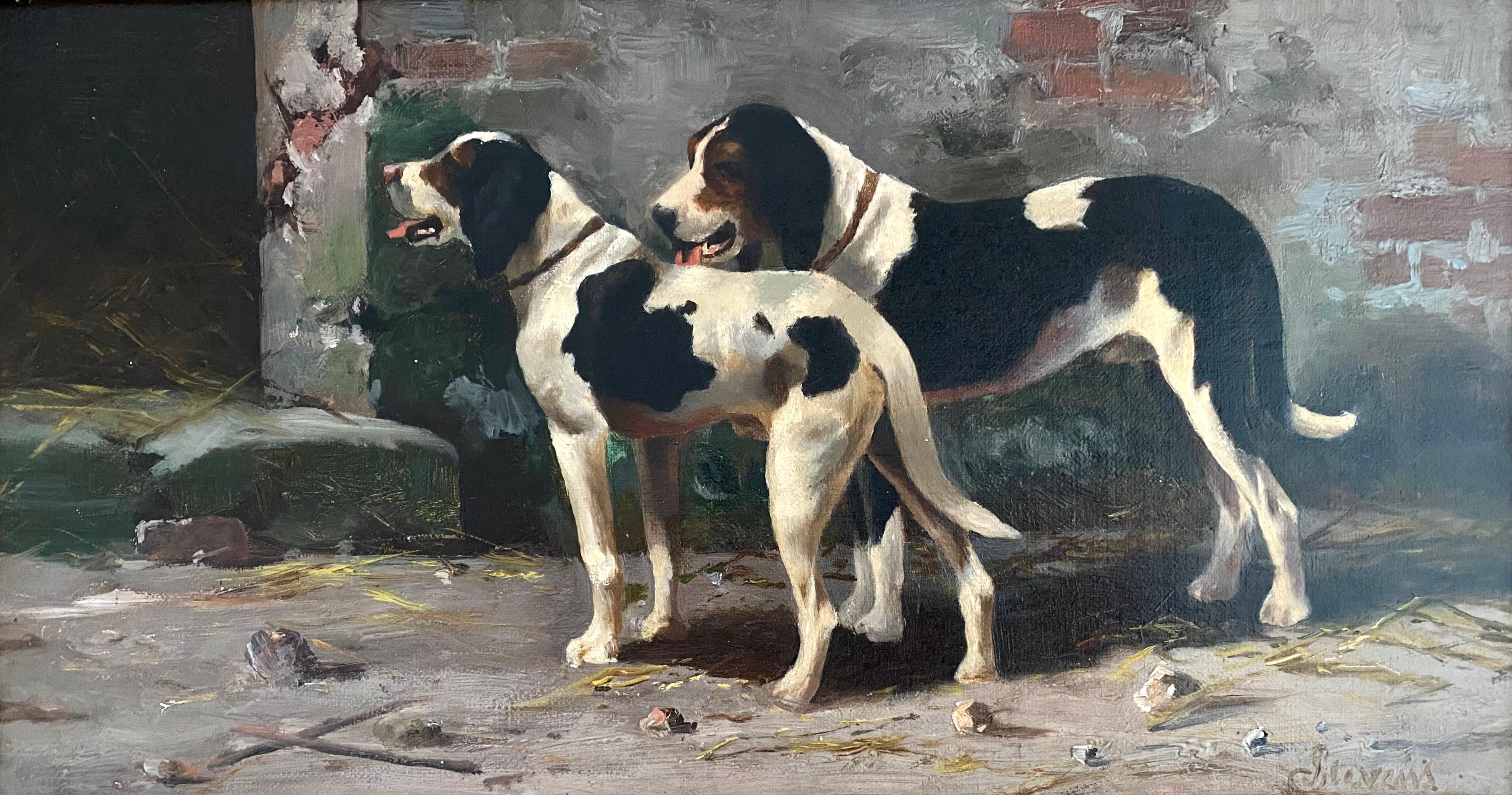 Stevens Joseph
Brussels 1816 – 1892
Belgian Painter

Two Hunting Dogs
Signature: Signed bottom right
Medium: Oil on canvas
Dimensions: Image size 22,50 x 41,50 cm, frame size 35 x 54 cm

Biography: Joseph Édouard Stevens was born in Brussels on