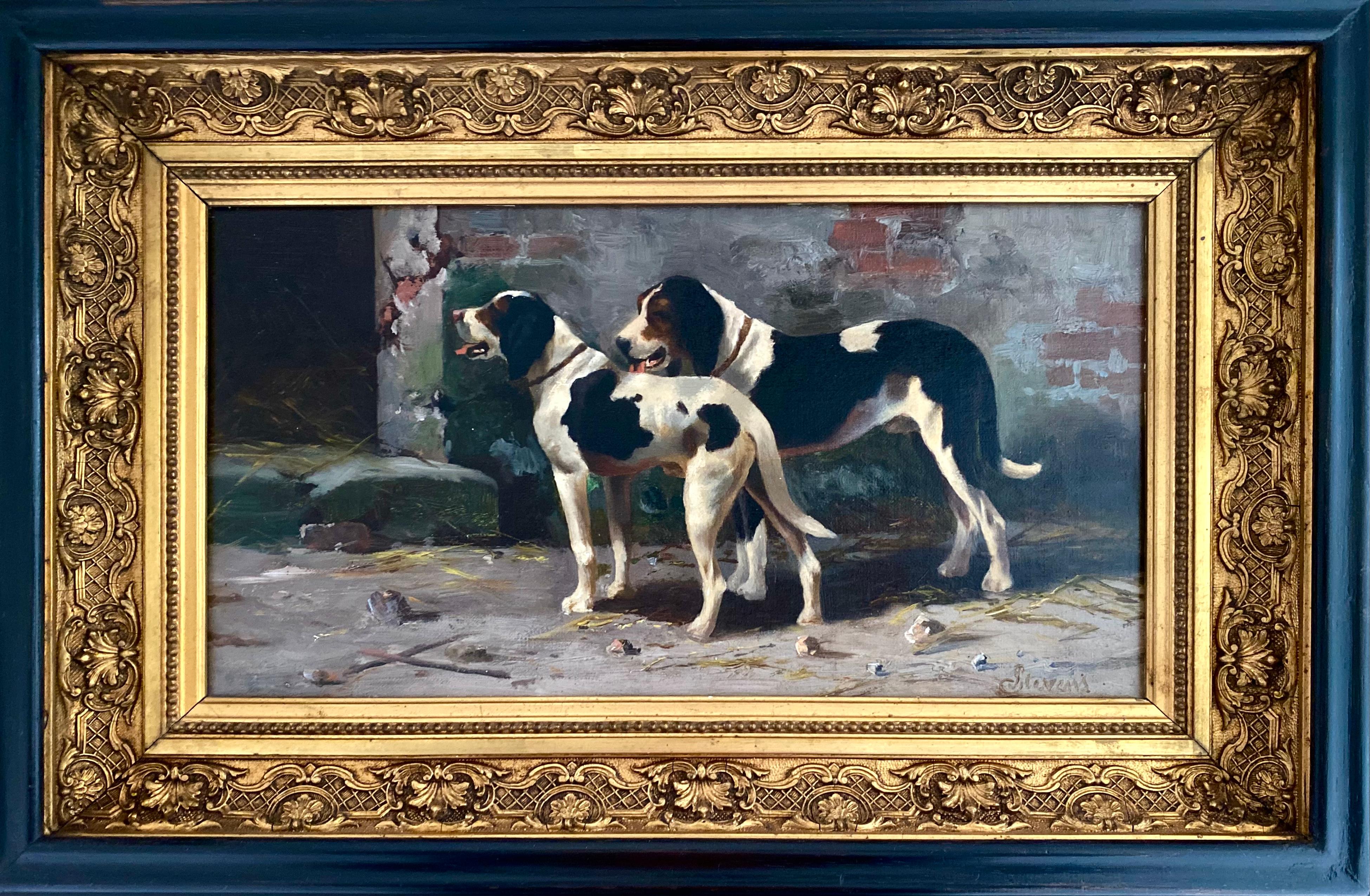 Stevens Joseph
Bruxelles 1816 - 1892
Peintre belge

Deux chiens de chasse
Signature : Signé en bas à droite
Médium : Huile sur toile
Dimensions : Taille de l'image 22,50 x 41,50 cm, taille du cadre 35 x 54 cm

Biographie : Joseph Édouard Stevens est
