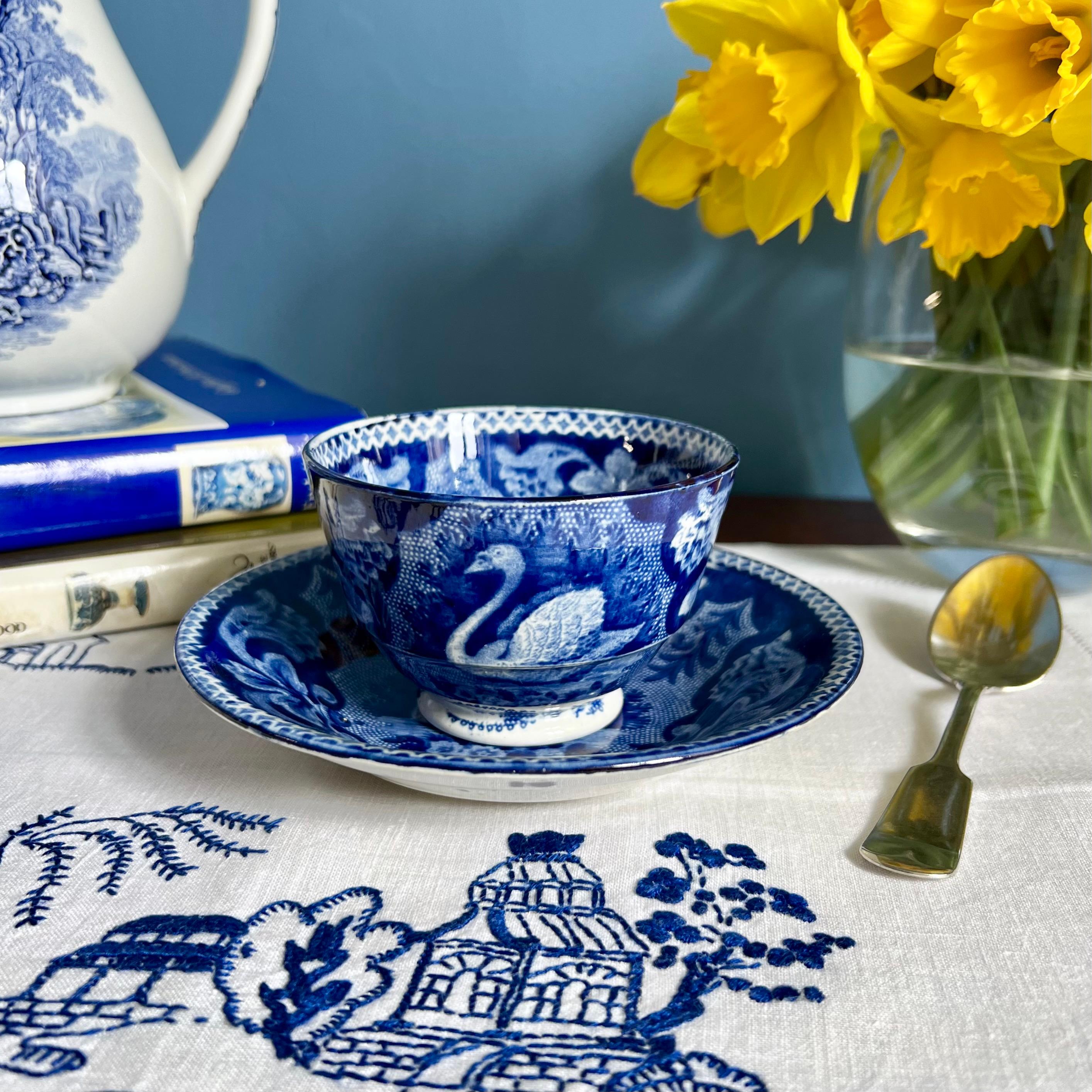 This is a beautiful and very rare tea bowl and saucer made by Joseph Stubbs in about 1825. The bowl is quite large and made of pearlware, and has a beautiful transfer printed blue and white pattern of a swan with acanthus details in the rims.

The
