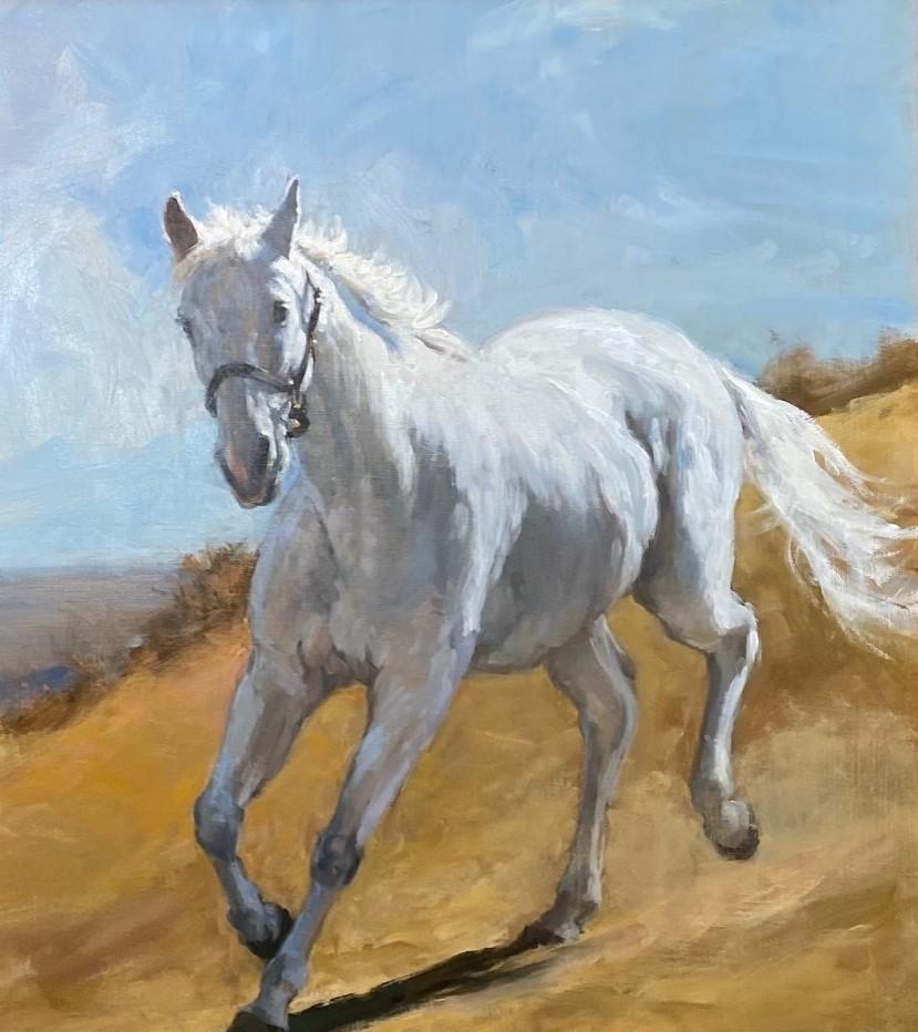 Bearing the Light, original 28x24 realist equestrian landscape - Realist Painting by Joseph Sundwall