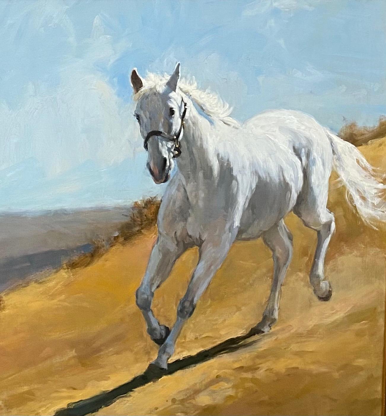Bearing the light,  this elegant, white horse, commands respect as he gallops freely down the mountain towards the meadow below. So gracefully he establishes his dominion over this equestrian landscape.  This realistic depiction of power and grace