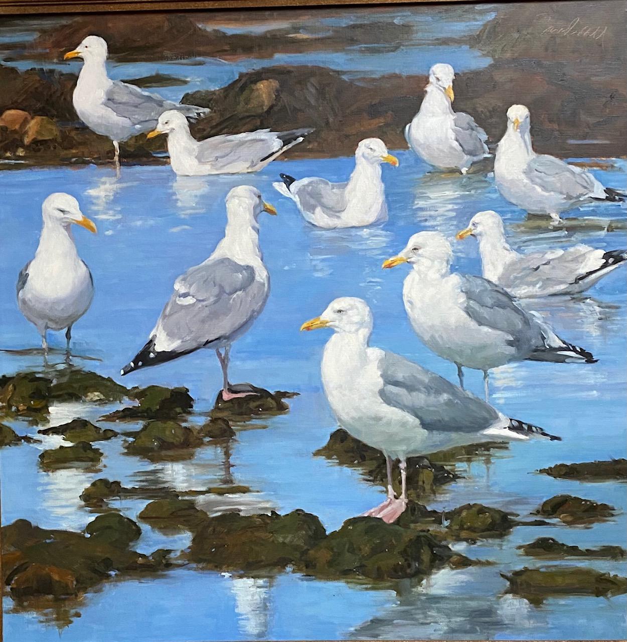 Oiseaux à plumes, paysage marin réaliste original 30 x 30 - Painting de Joseph Sundwall