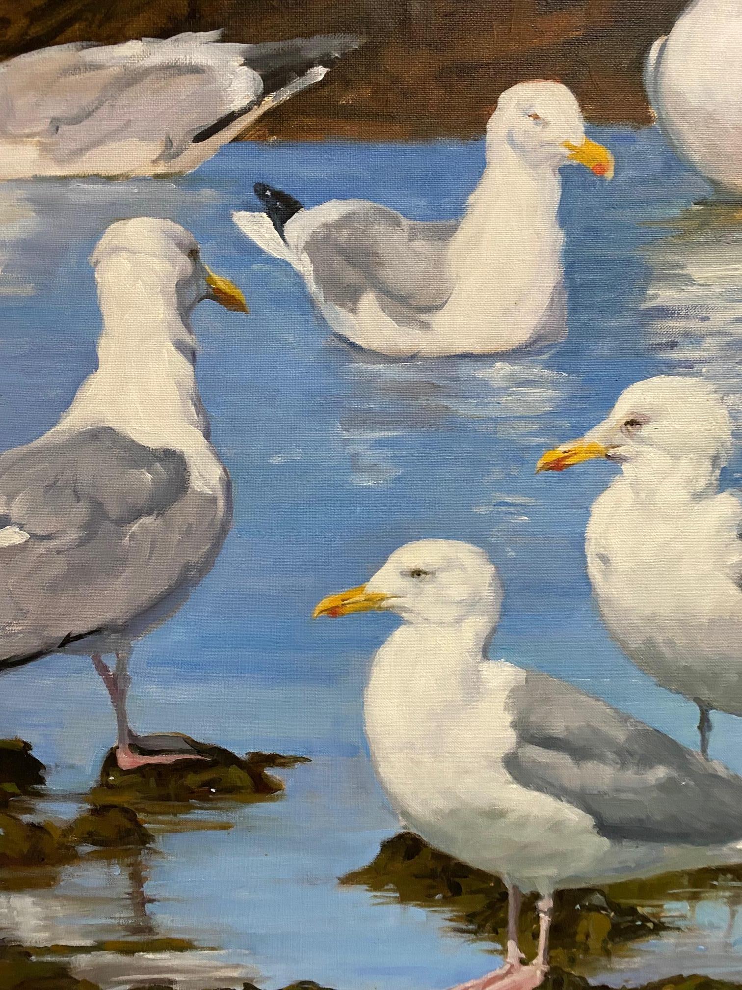 Oiseaux à plumes, paysage marin réaliste original 30 x 30 - Réalisme Painting par Joseph Sundwall