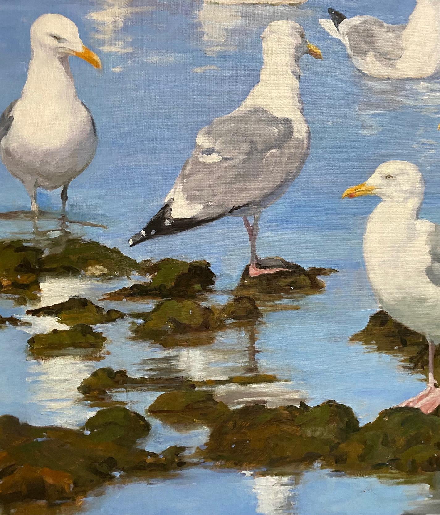 Oiseaux à plumes, paysage marin réaliste original 30 x 30 en vente 1