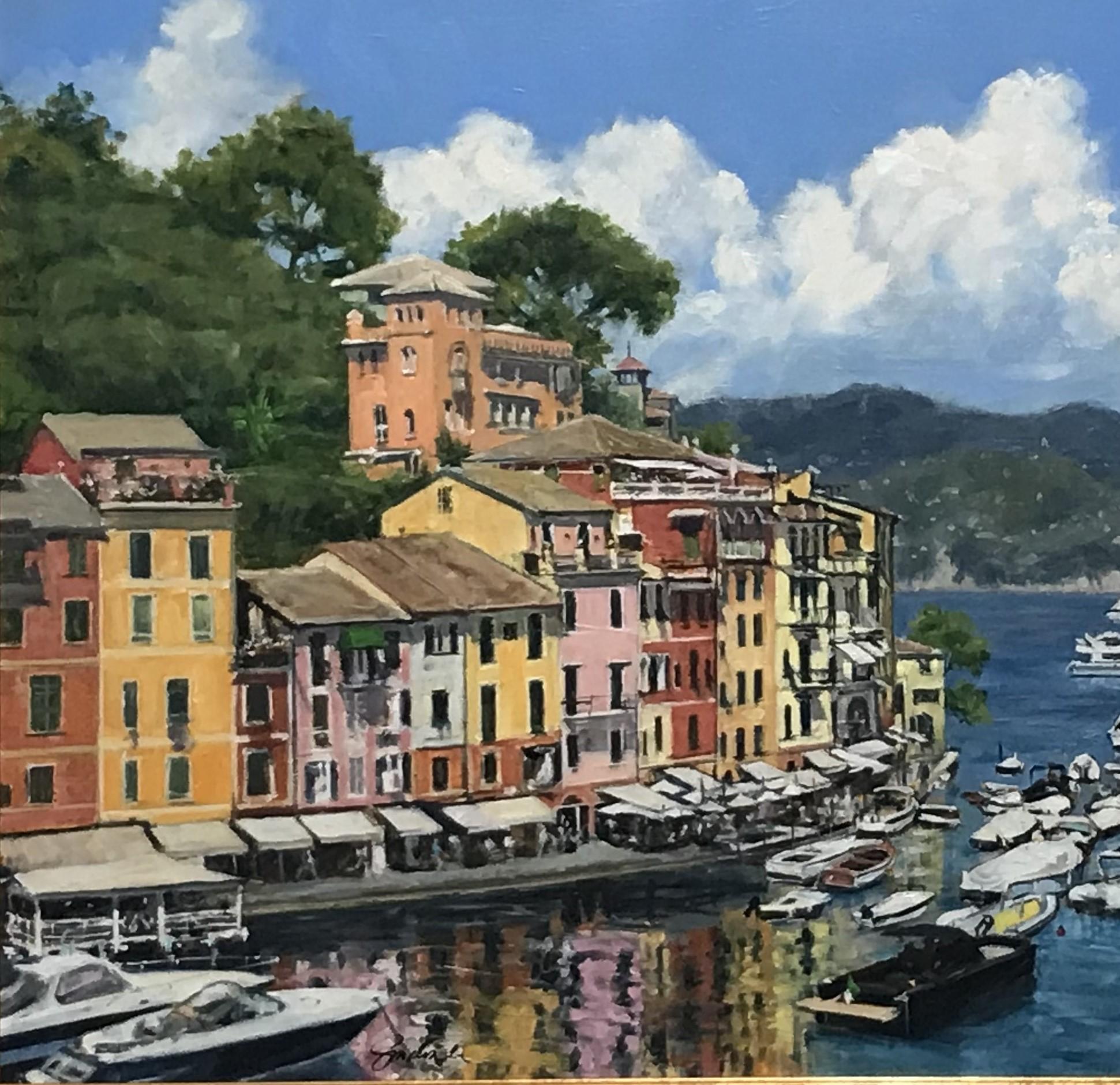 High Noon, Portofino, paesaggio marino italiano impressionista originale 30x40 - Painting Impressionismo di Joseph Sundwall