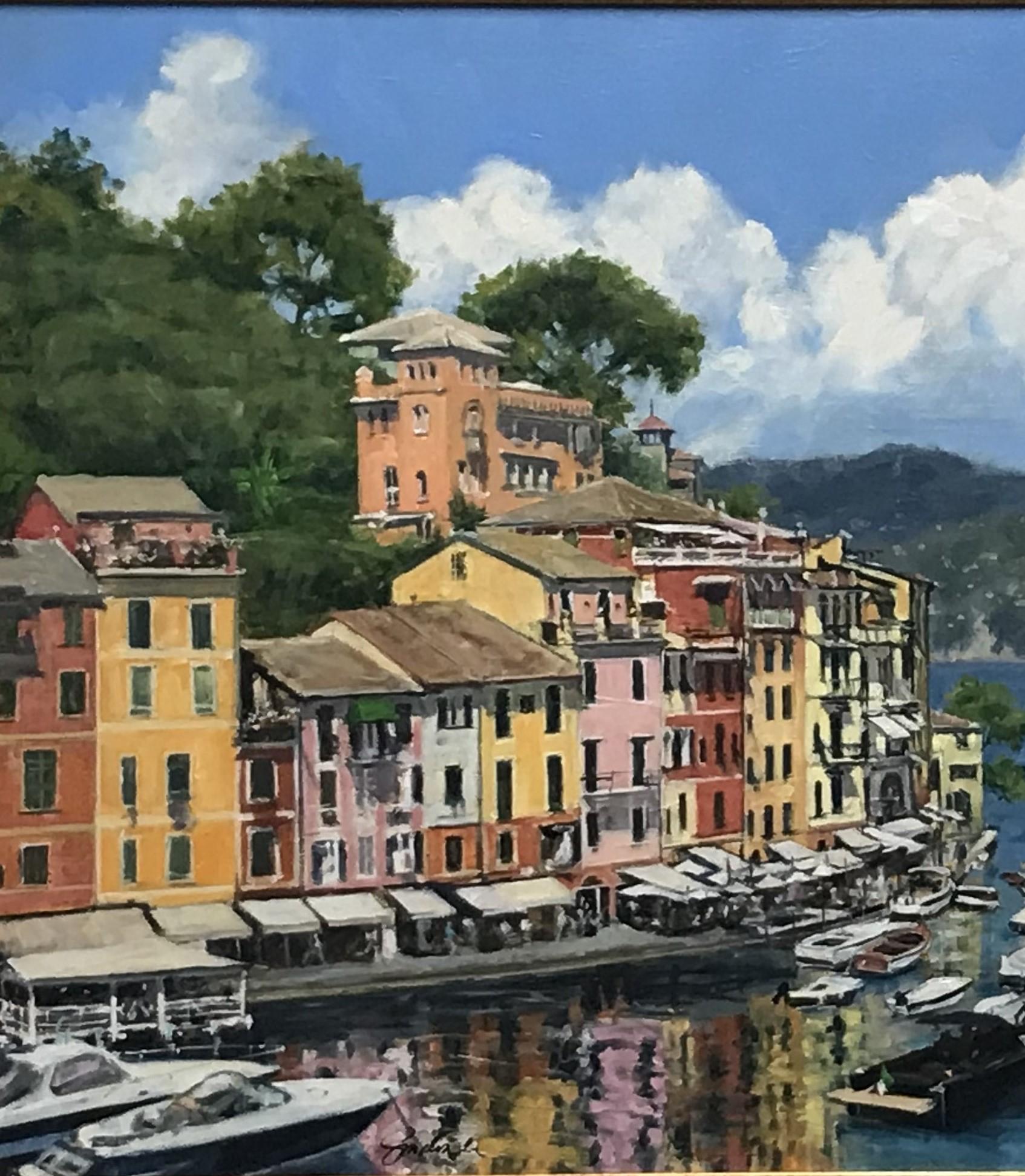High Noon, Portofino, paesaggio marino italiano impressionista originale 30x40 - Landscape Painting Grigio di Joseph Sundwall