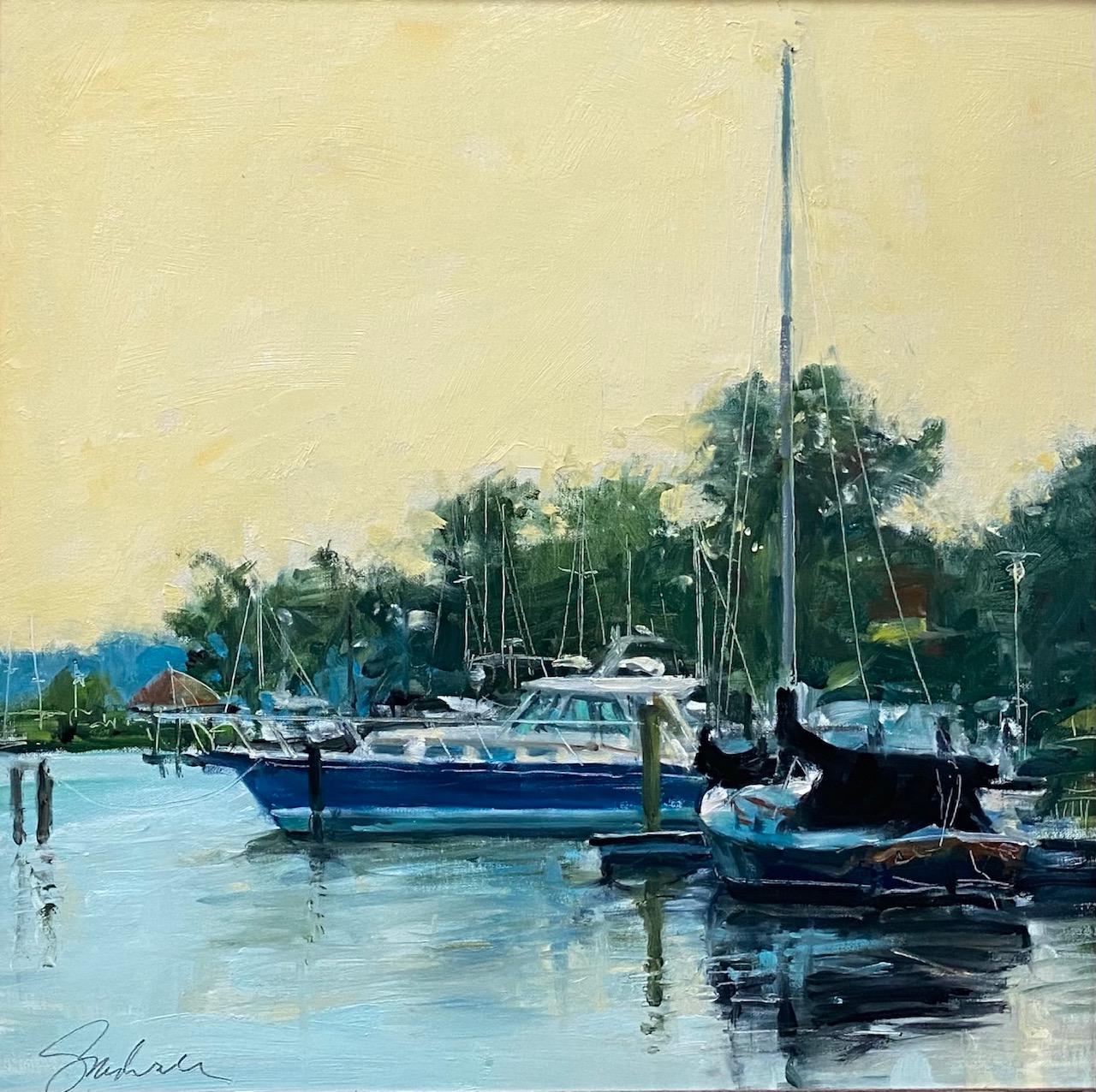 Home Port, original 16x16 impressionist marine landscape - Painting by Joseph Sundwall
