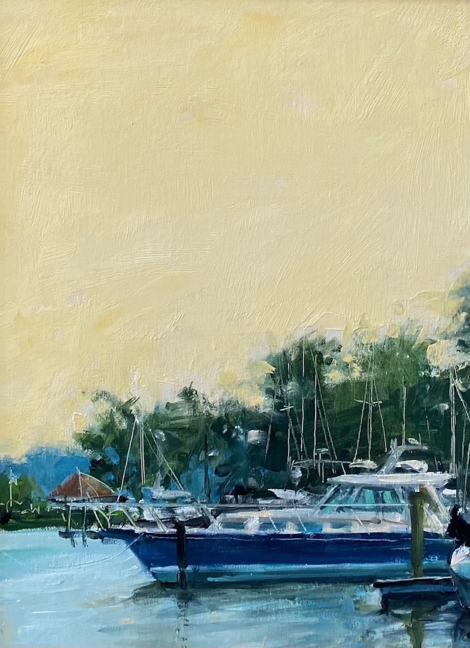 Home Port, original 16x16 impressionist marine landscape - Impressionist Painting by Joseph Sundwall
