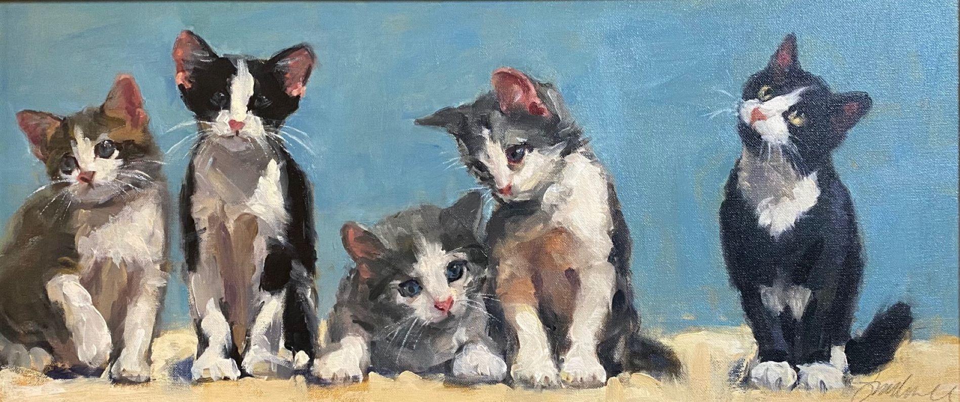 Spider on the Ceiling, original contemporary figurative landscape of kittens - Painting by Joseph Sundwall