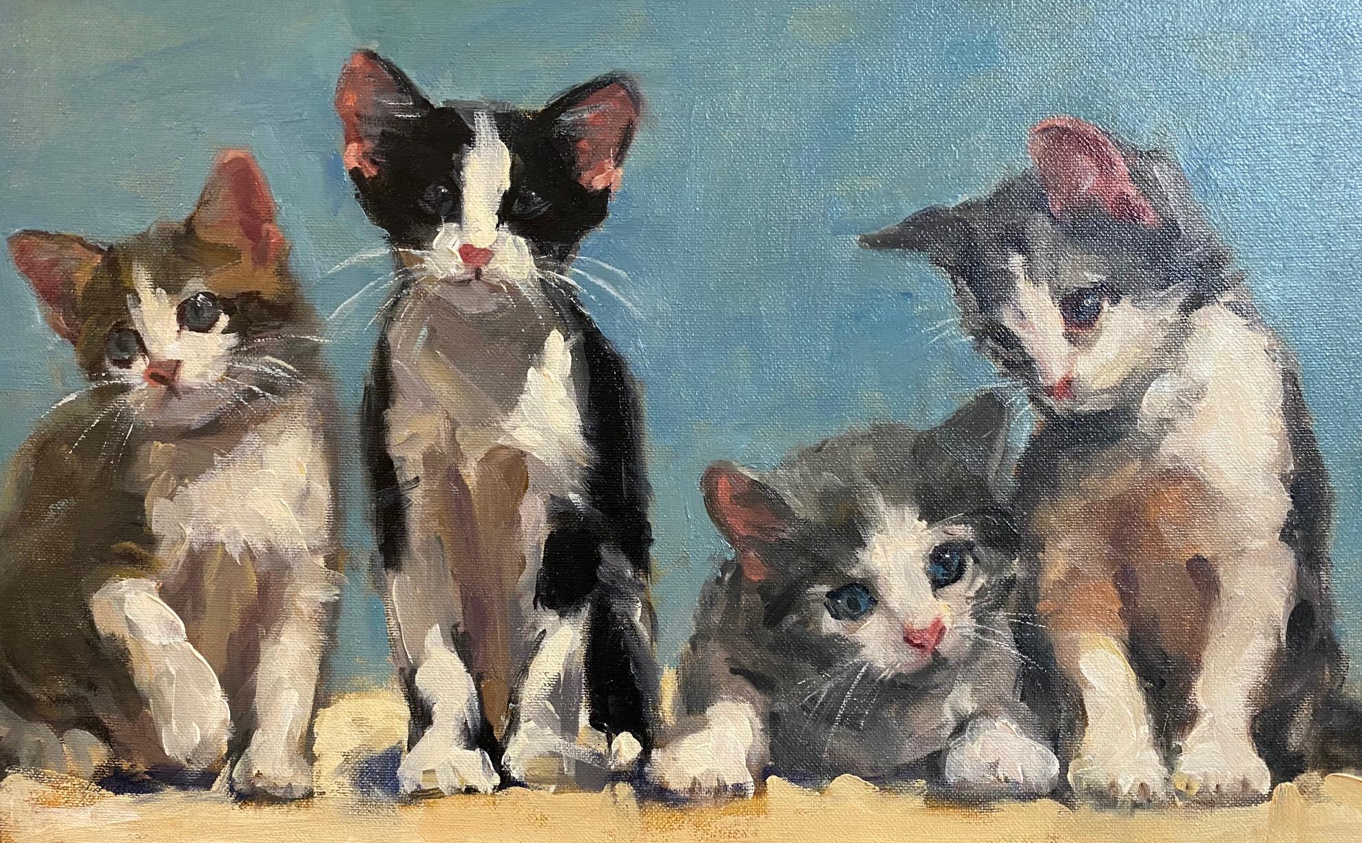 Spider on the Ceiling, original contemporary figurative landscape of kittens - Realist Painting by Joseph Sundwall