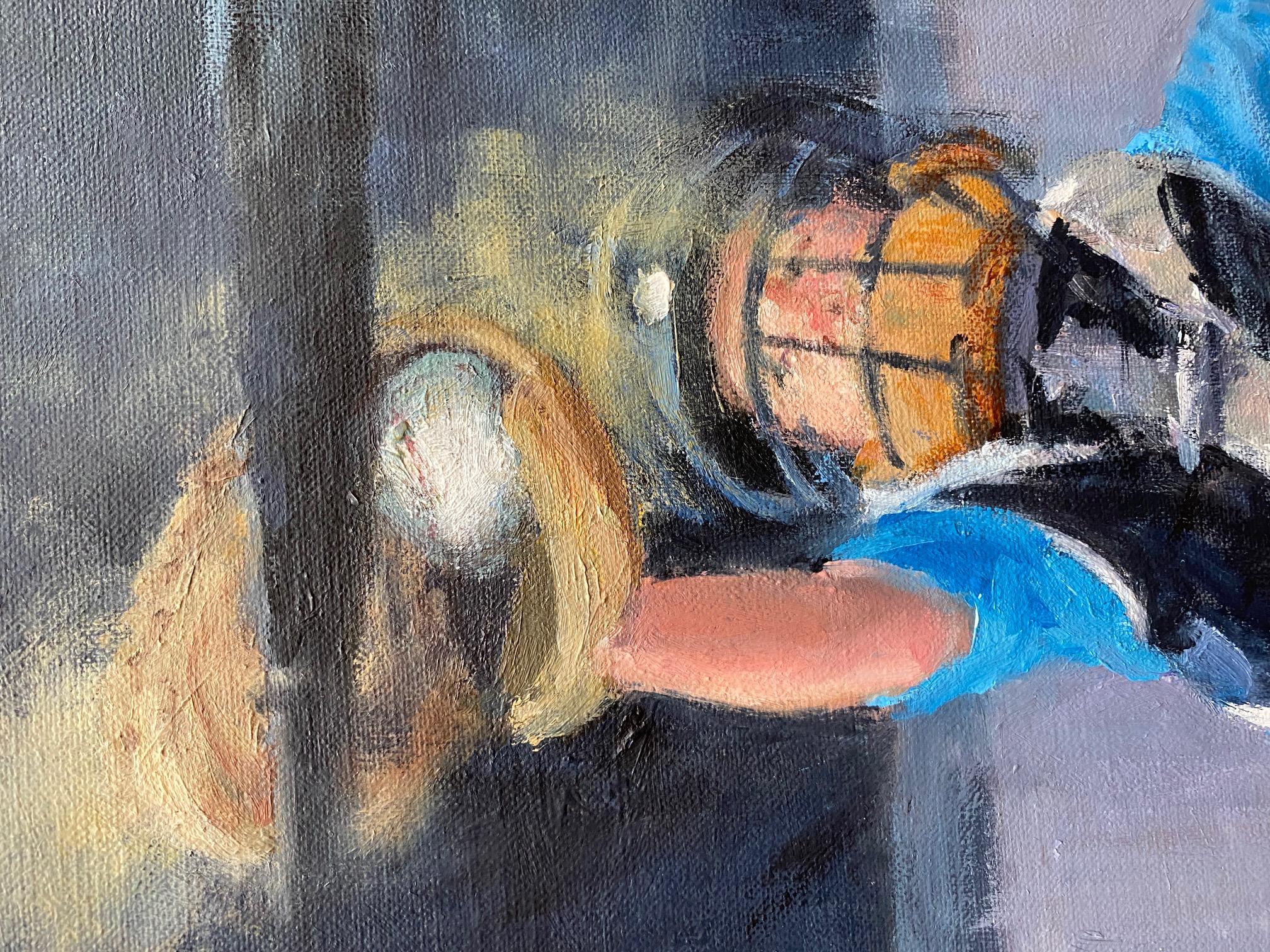 Steee-rike! pittura ad olio figurativa realistica originale 24x30 in vendita 2