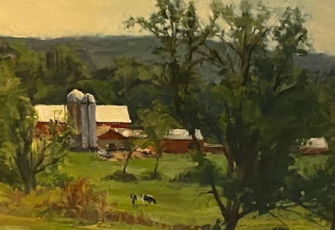 El ordeño de la tarde, paisaje agrícola impresionista original de 20x32 - Animal Painting Marrón de Joseph Sundwall