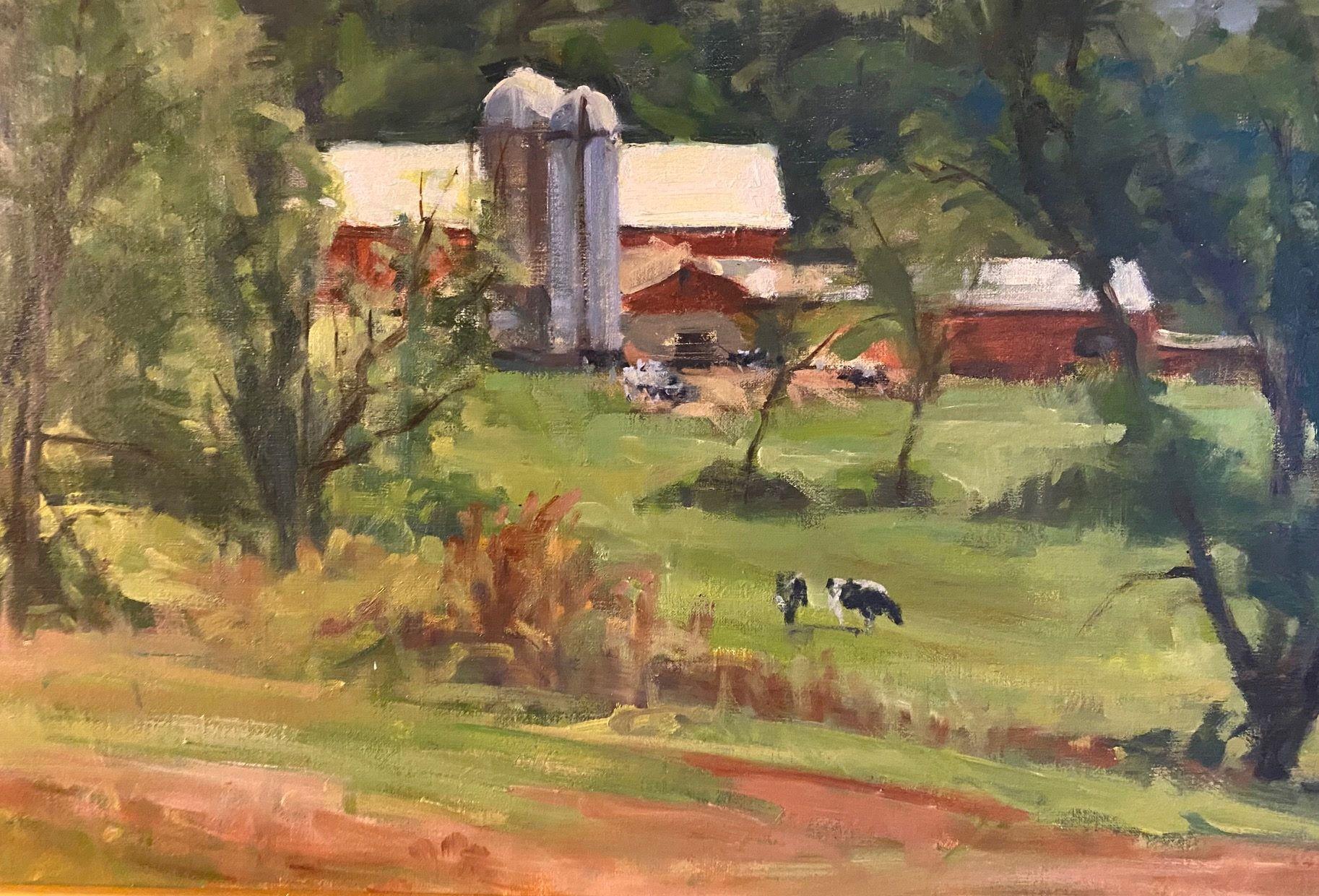 The Afternoon Milking, original 20x32 impressionist farm landscape - Brown Animal Painting by Joseph Sundwall