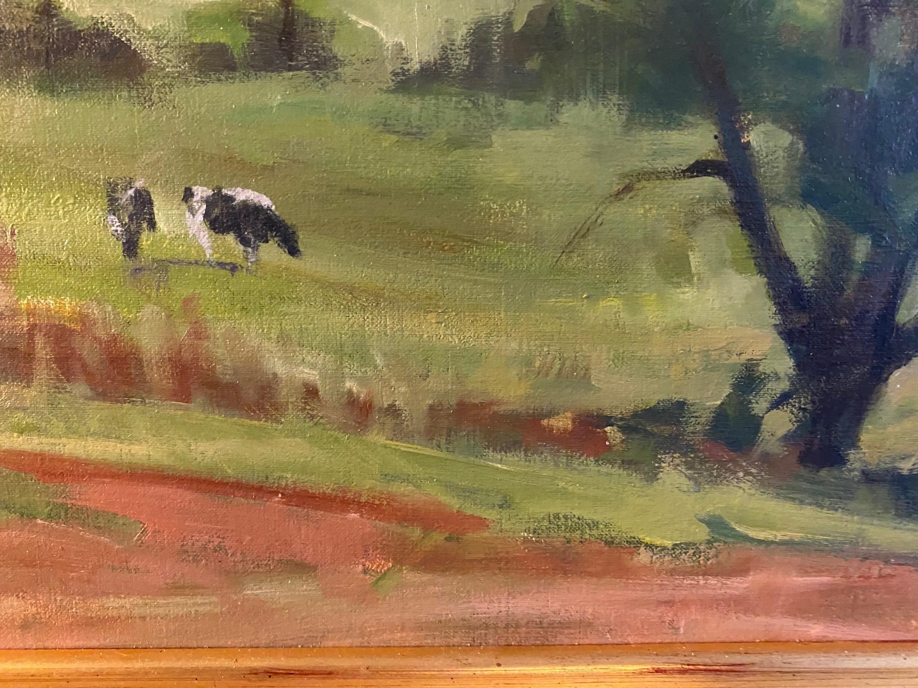El ordeño de la tarde, paisaje agrícola impresionista original de 20x32 en venta 3