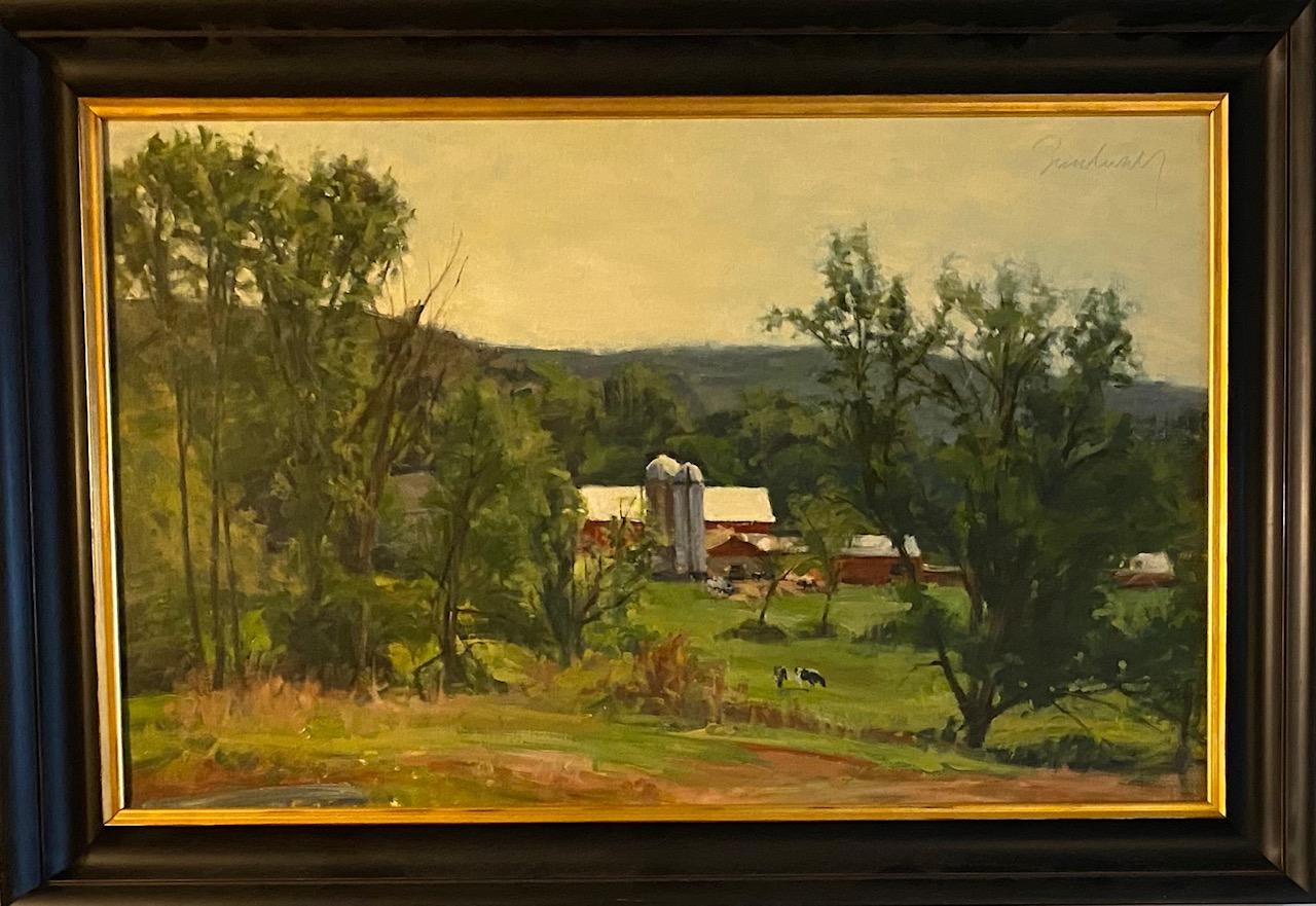 The Afternoon Milking, original 20x32 impressionist farm landscape - Painting by Joseph Sundwall