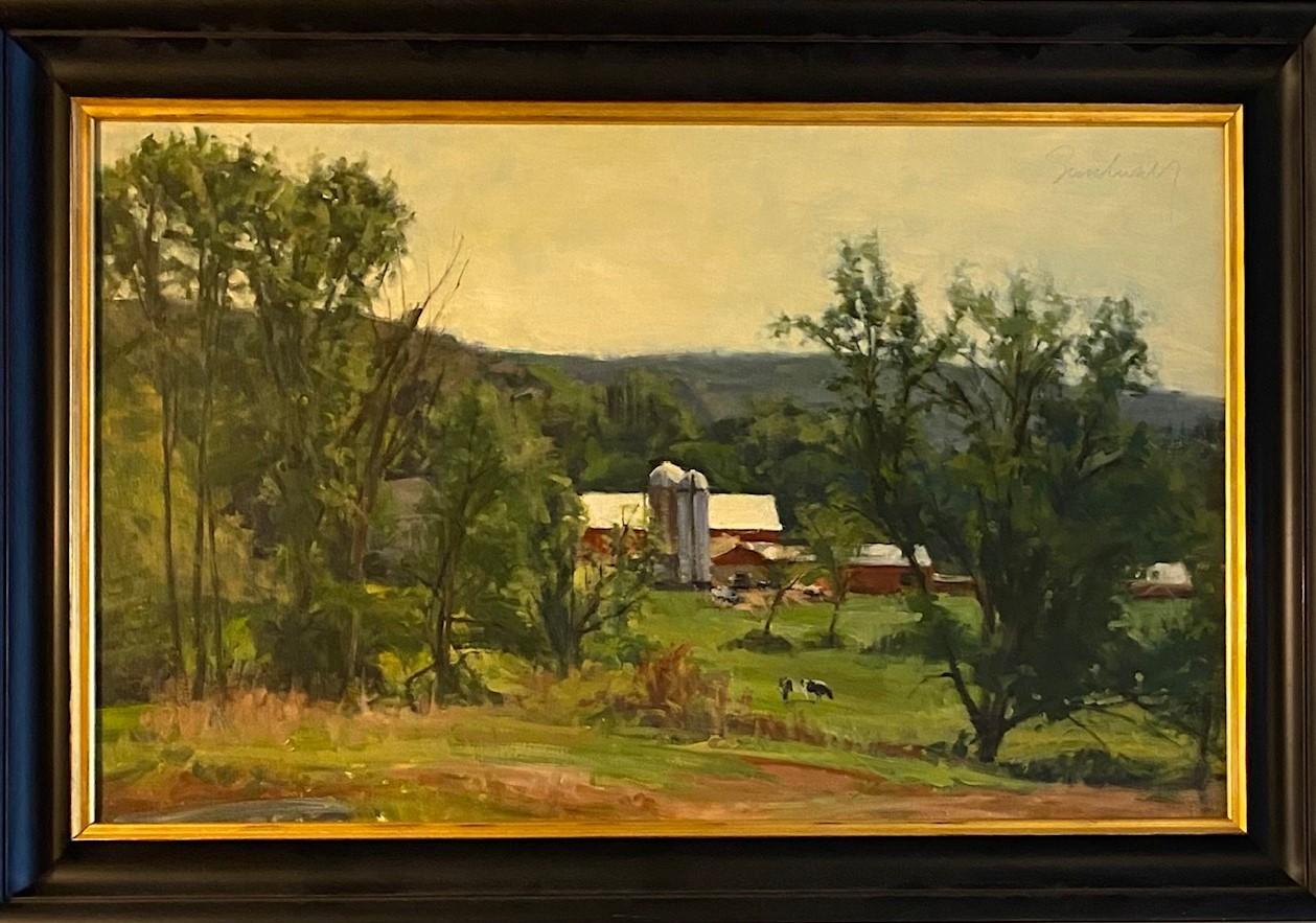 Animal Painting de Joseph Sundwall - El ordeño de la tarde, paisaje agrícola impresionista original de 20x32