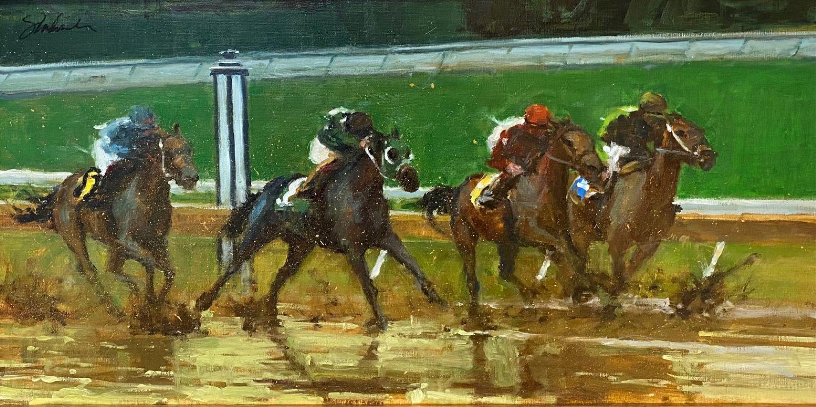 The Mudders, original 15x30 contemporary equestrian landscape - Painting by Joseph Sundwall