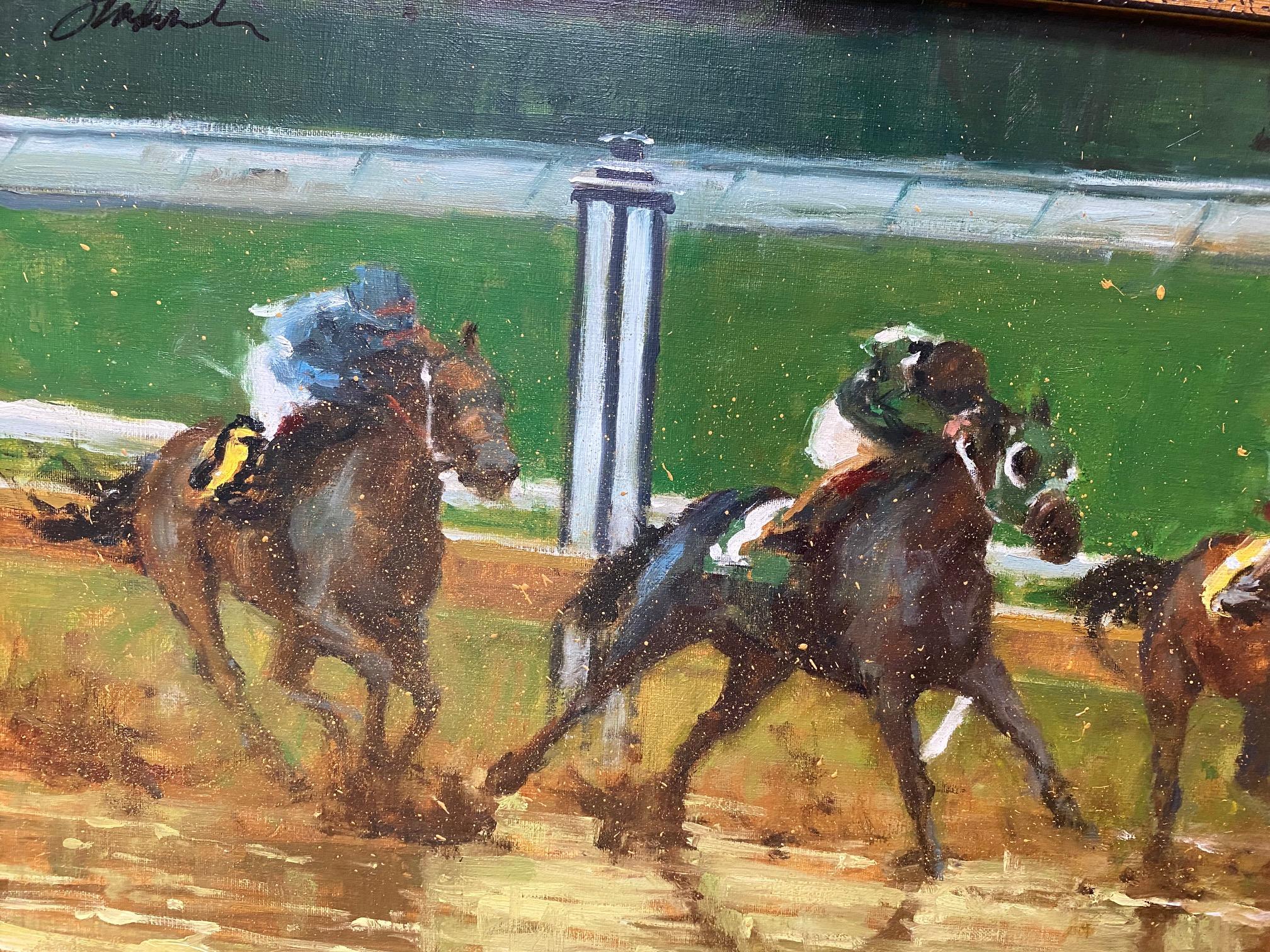The Mudders, Original 15x30 zeitgenössische Pferdelandschaft (Braun), Figurative Painting, von Joseph Sundwall