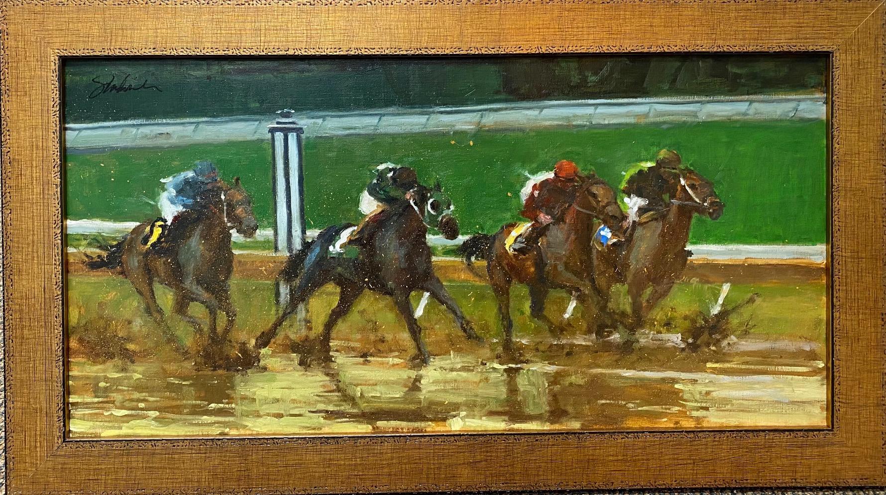 Joseph Sundwall Figurative Painting – The Mudders, Original 15x30 zeitgenössische Pferdelandschaft
