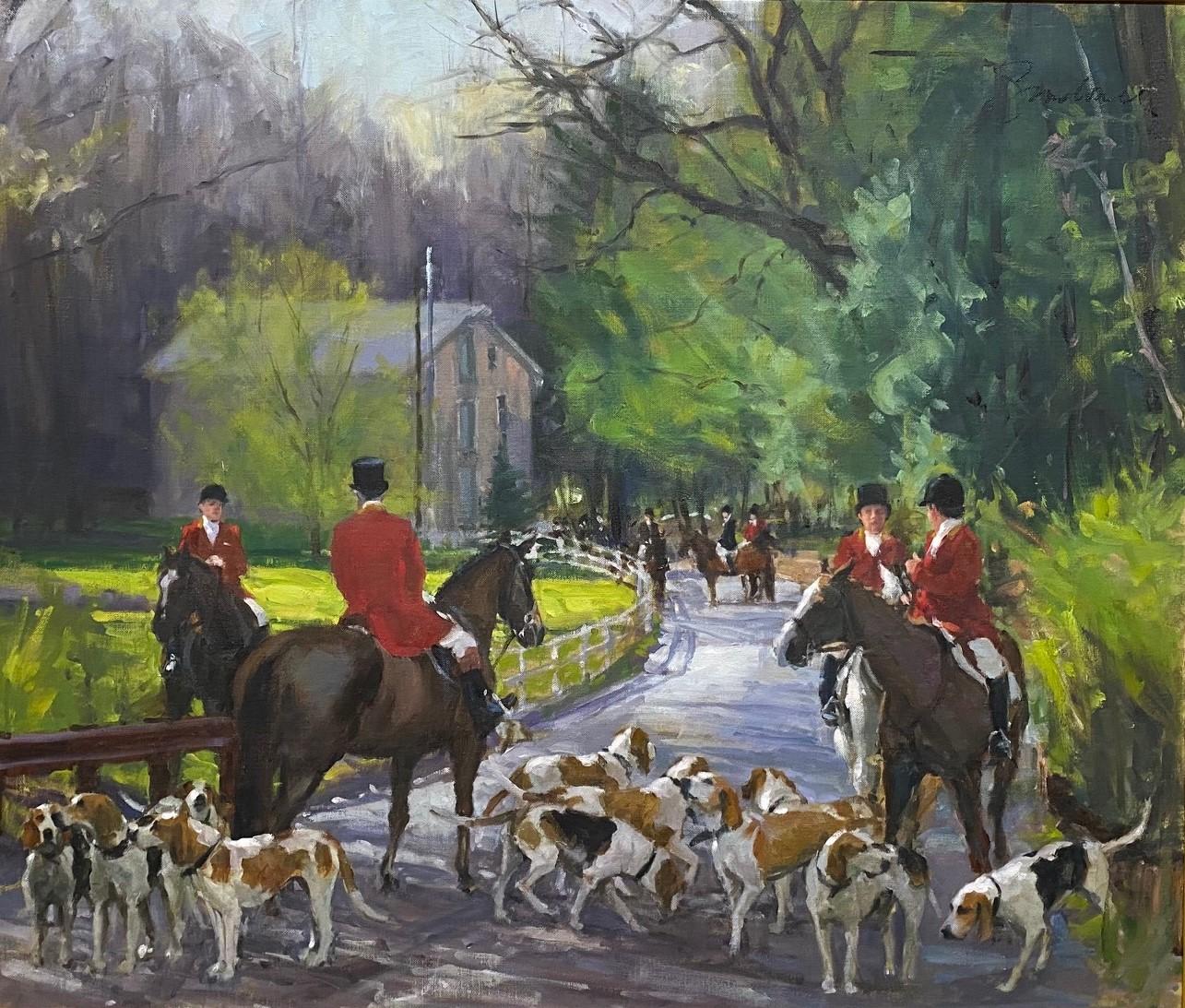 Waiting on Brandy, original 24 x 28 figurative equestrian hunt landscape - Painting by Joseph Sundwall