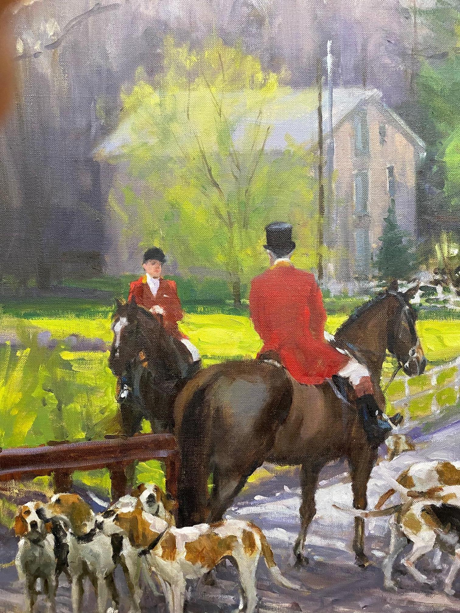 Waiting on Brandy, paesaggio figurativo di caccia equestre originale 24 x 28 - Figurative Painting Marrone di Joseph Sundwall