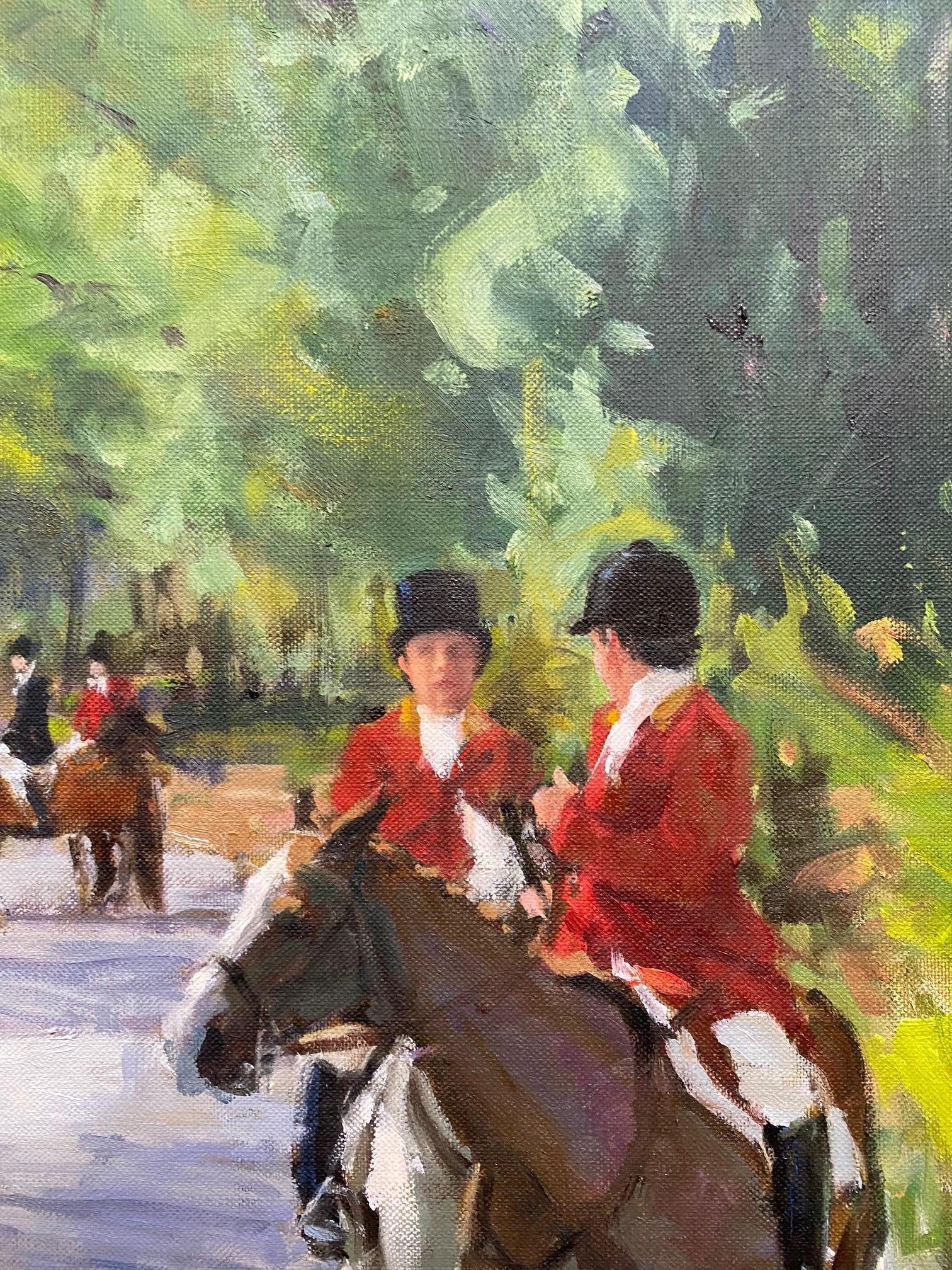 Waiting on Brandy, original 24 x 28 figurative equestrian hunt landscape - Impressionist Painting by Joseph Sundwall