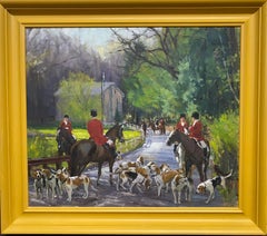 Esperando al Brandy, paisaje de caza ecuestre figurativo original de 24 x 28