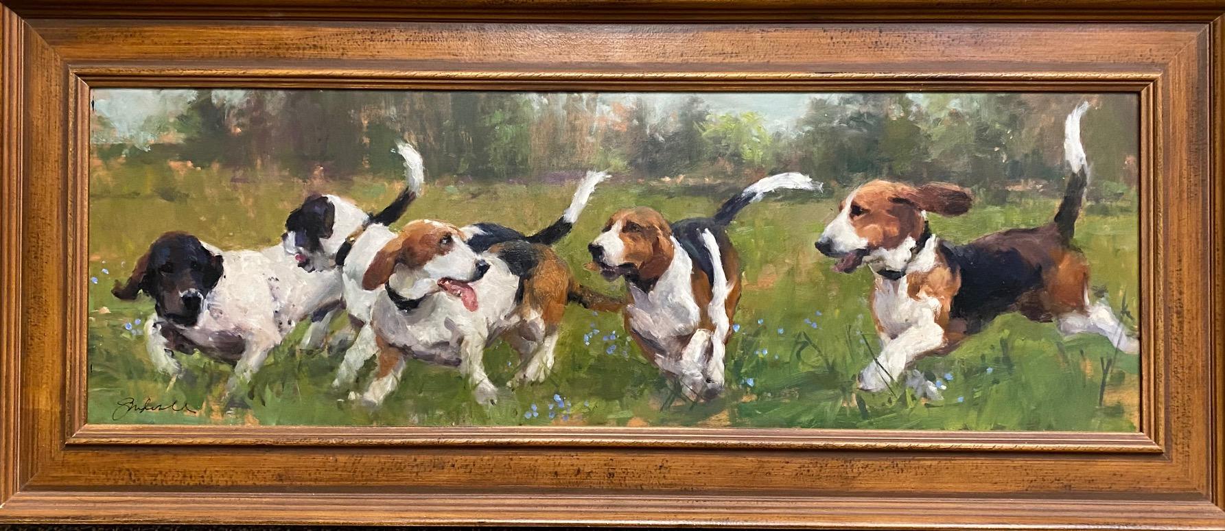 Who Let the Dogs Out?, original 10x30 dog portrait and landscape - Painting by Joseph Sundwall