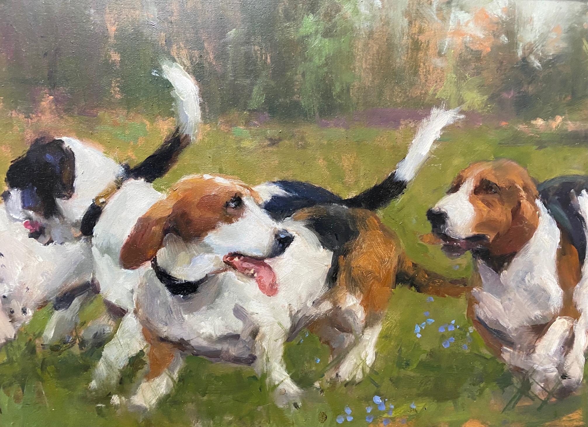 Who Let the Dogs Out?, original 10x30 dog portrait and landscape - Impressionist Painting by Joseph Sundwall