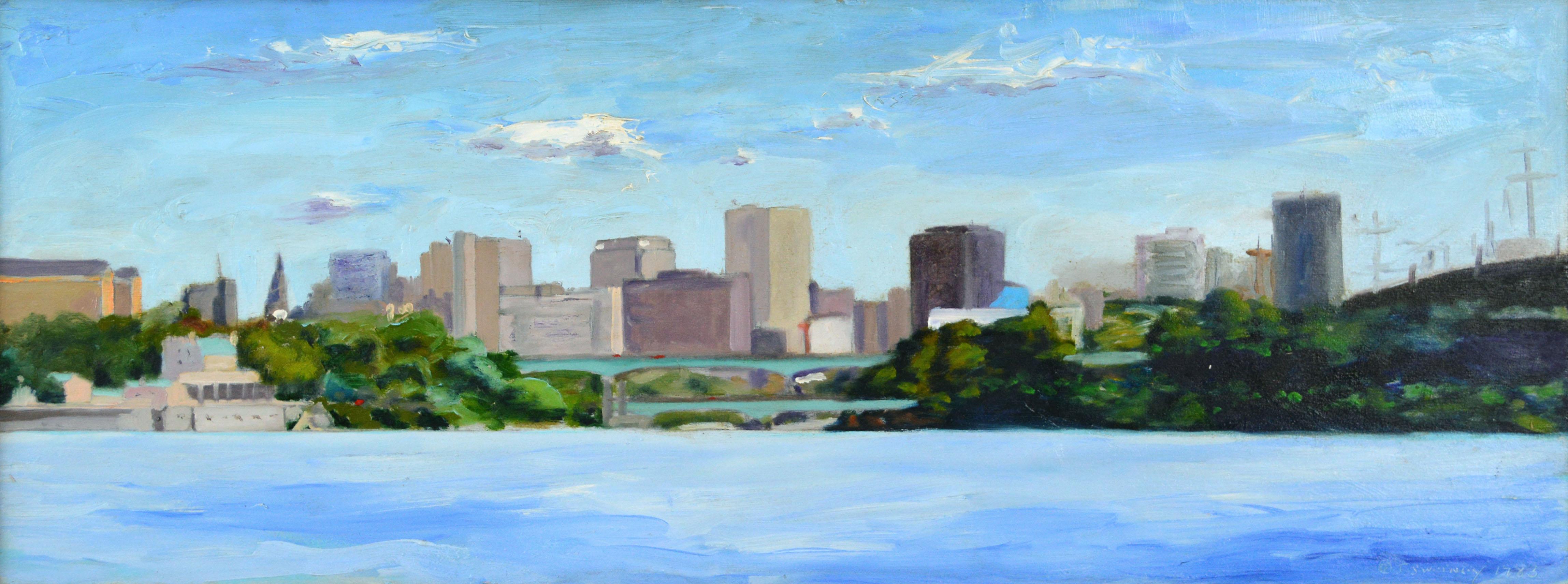 Philadelphia Skyline, Schuylkill River Plein Air Urban Landscape Panorama  - Painting by Joseph Sweeney 
