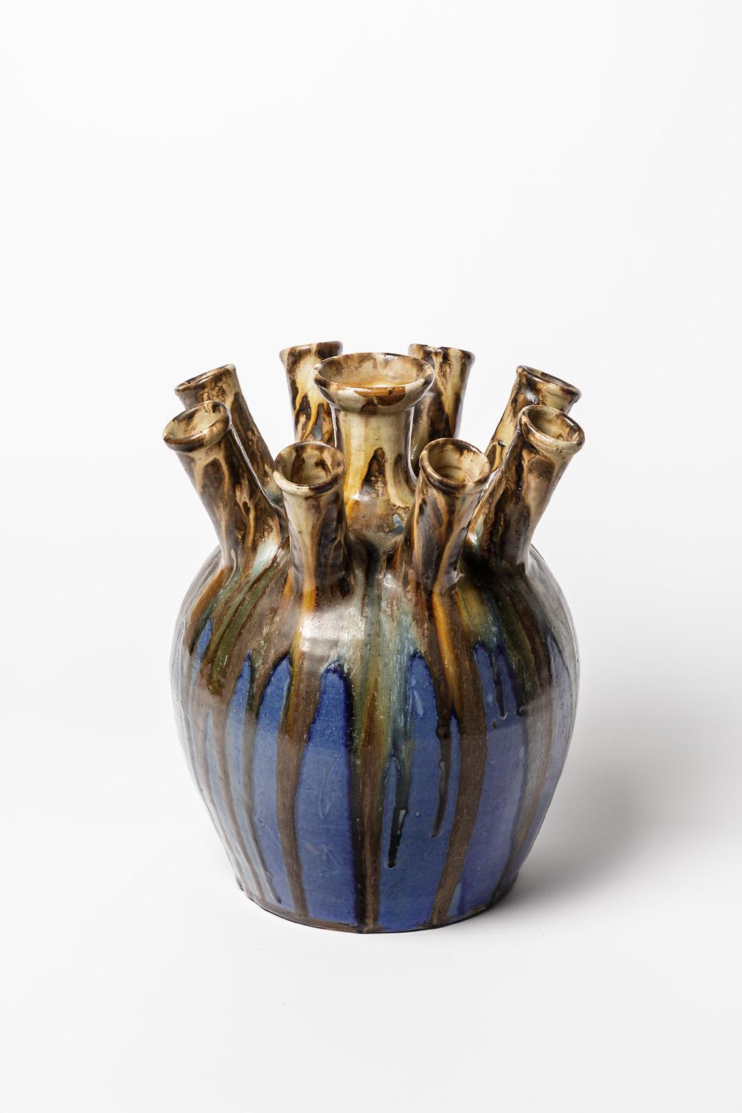 Mid-Century Modern Joseph Talbot La Borne circa 1930 20th Century Blue and Brown Ceramic Vase For Sale