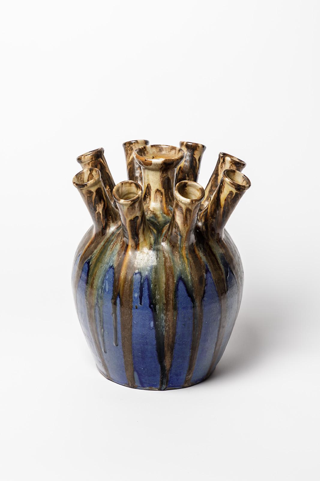 French Joseph Talbot La Borne circa 1930 20th Century Blue and Brown Ceramic Vase For Sale