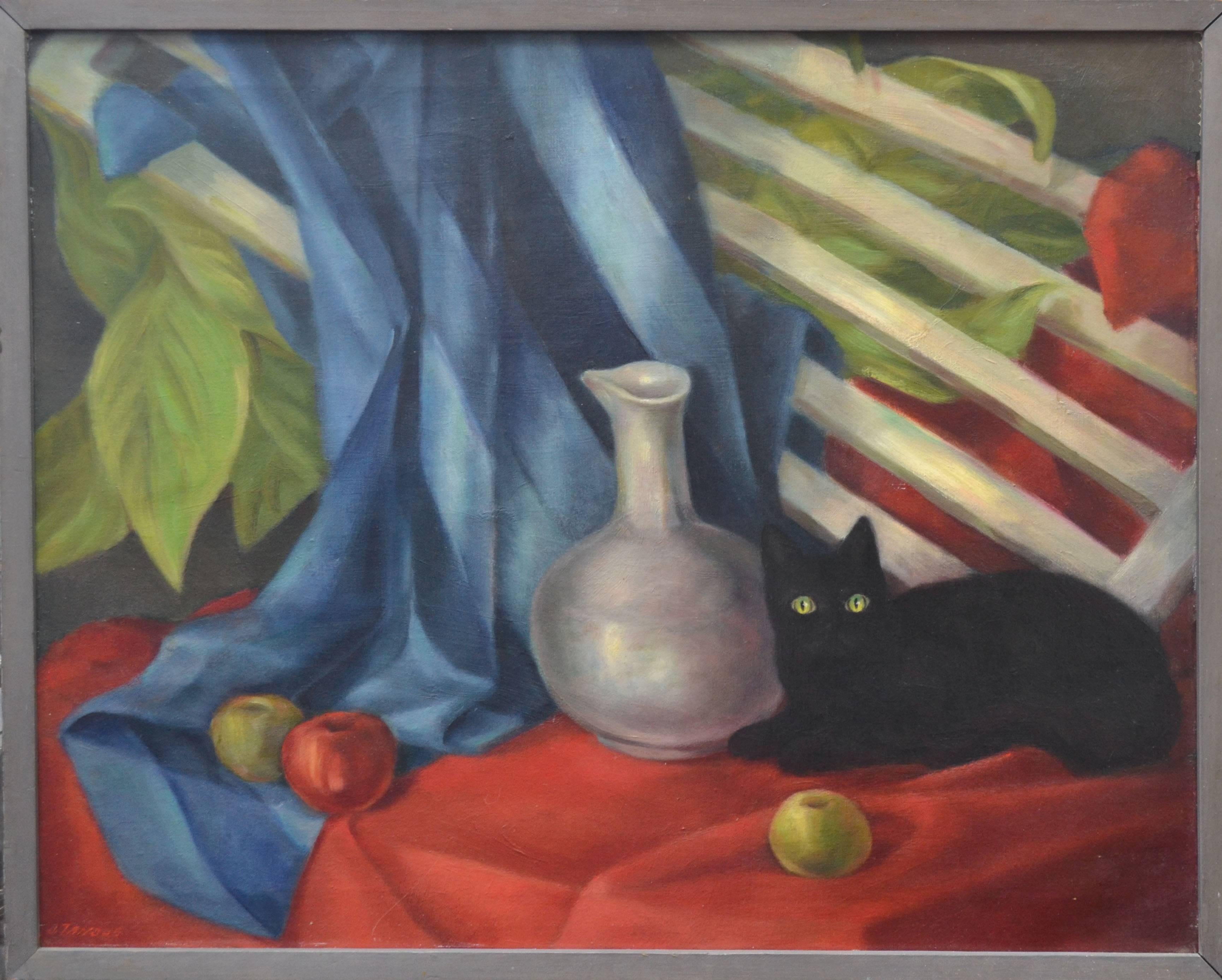 Stillleben aus der Mitte des Jahrhunderts mit schwarzer Katze und Vase, signiert, 1940er Jahre