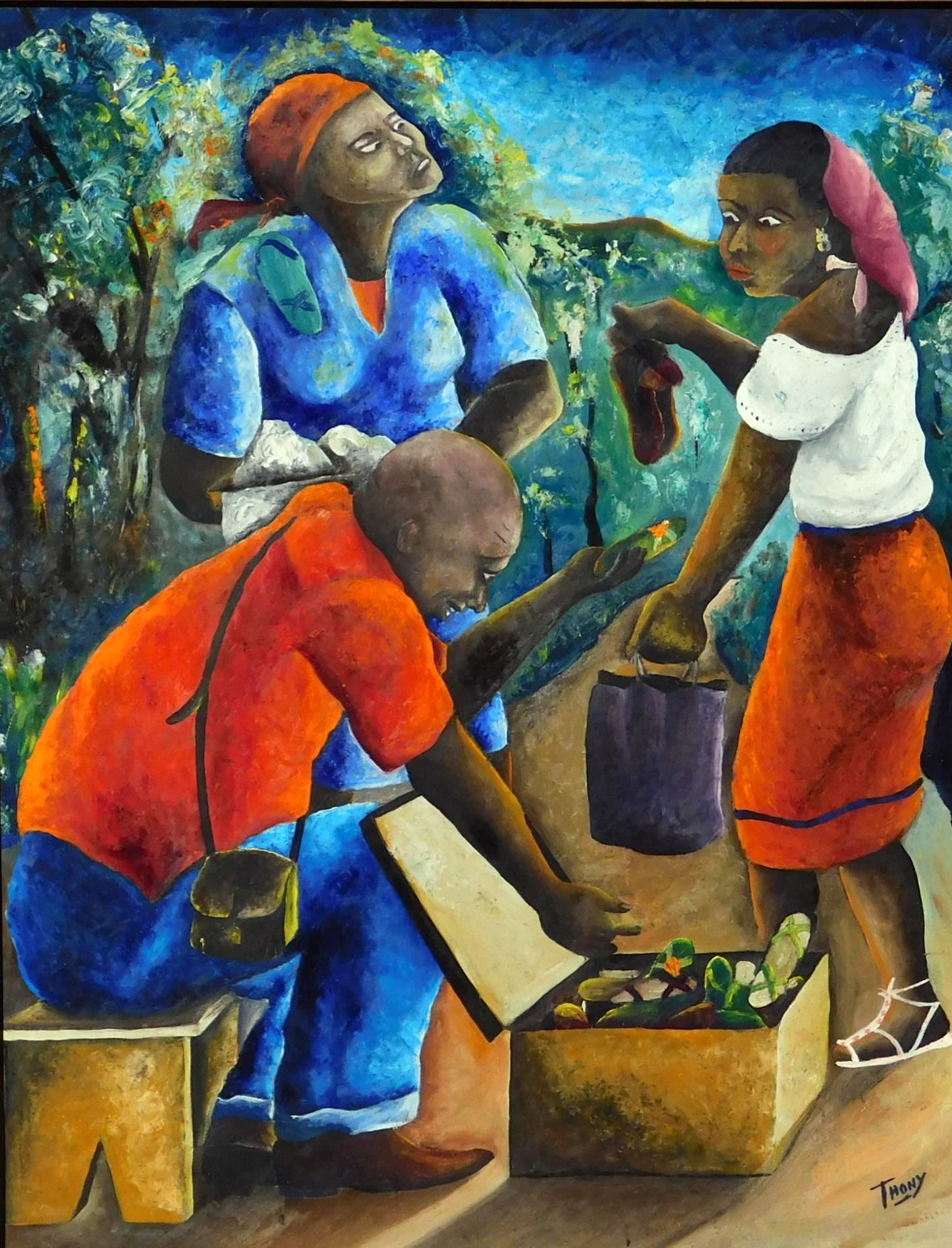Joseph Thony Moises (TiTonton) (geb. 1933 -?) - haitianischer Künstler 
Medium: Original Öl auf Leinwand. 
Thema: Der Shoe Seller. 
Erstellt: CIRCA 1950er Jahre.
Gemälde Maße: 20 