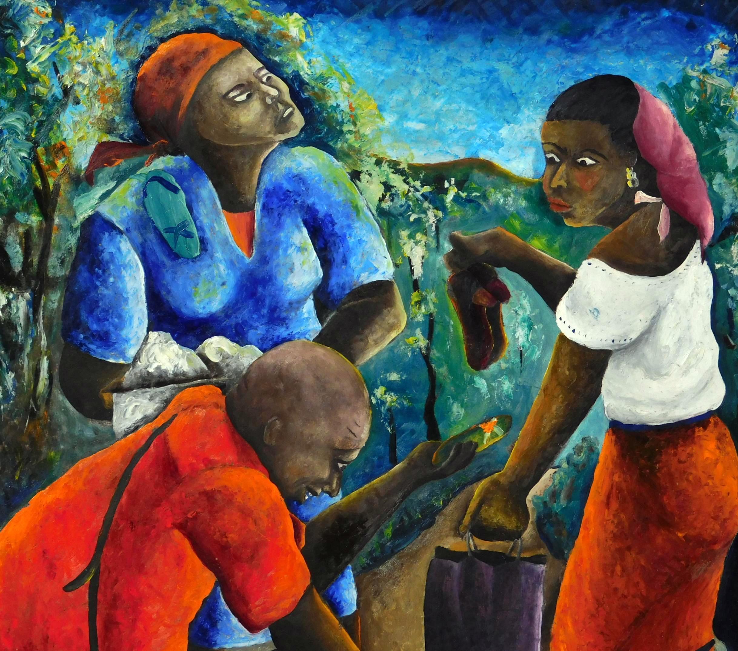 Joseph Thony Moises haitianische Malerei, CIRCA 1950er Jahre, The Shoe Seller (Haitianisch) im Angebot