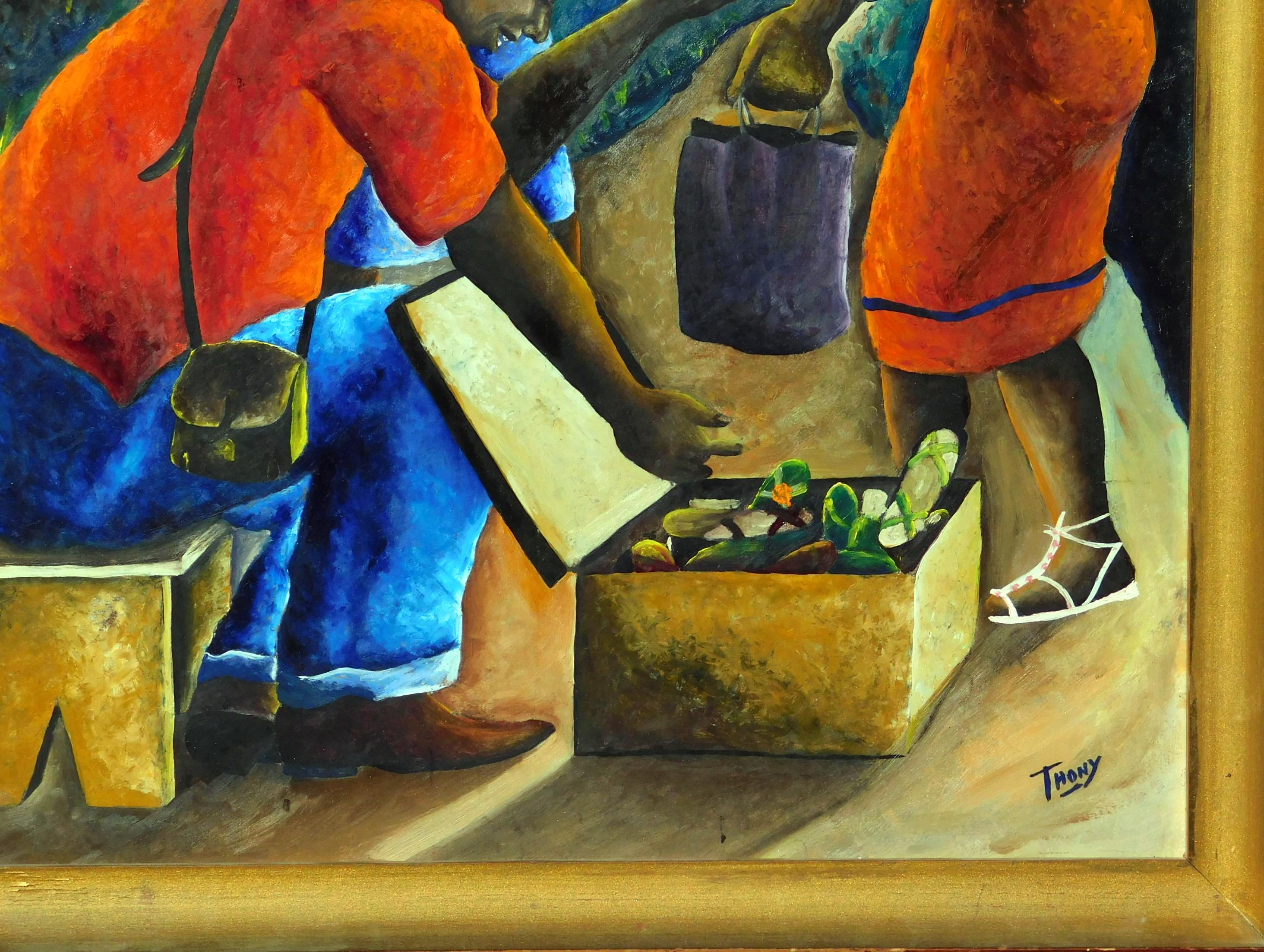 Joseph Thony Moises haitianische Malerei, CIRCA 1950er Jahre, The Shoe Seller im Zustand „Gut“ im Angebot in Phoenix, AZ