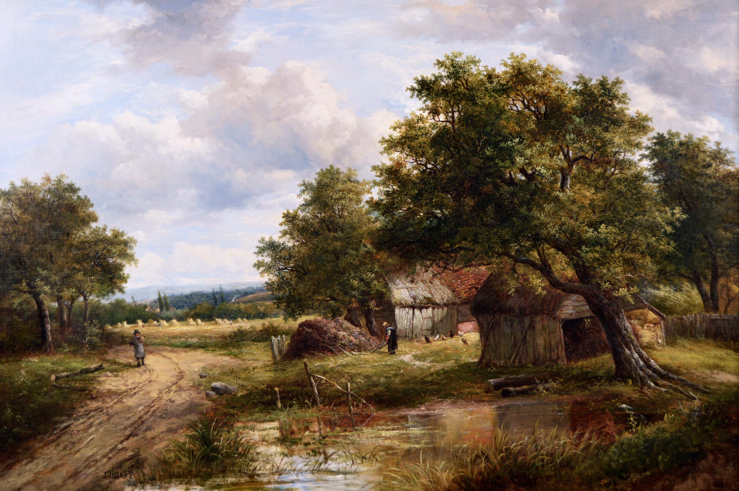 19th Century landscape oil painting of a barn near a cornfield - Painting by Joseph Thors