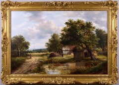 19th Century landscape oil painting of a barn near a cornfield