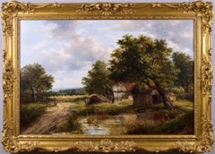 Peinture à l'huile du XIXe siècle représentant un paysage à l'huile représentant une grange près d'un champ de maïs