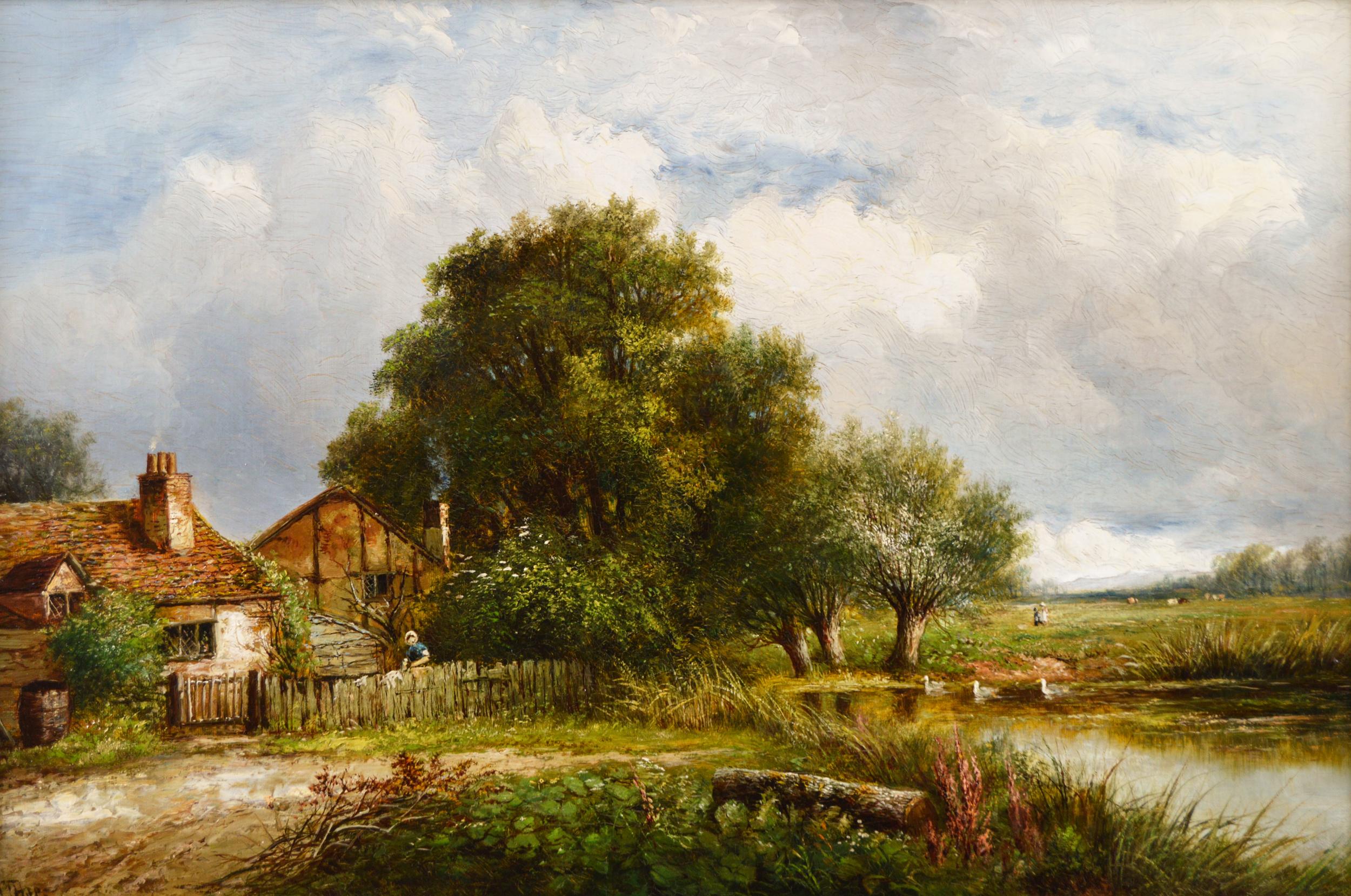 19th Century Landscape Oil Painting Of A Cottage By A Duck Pond