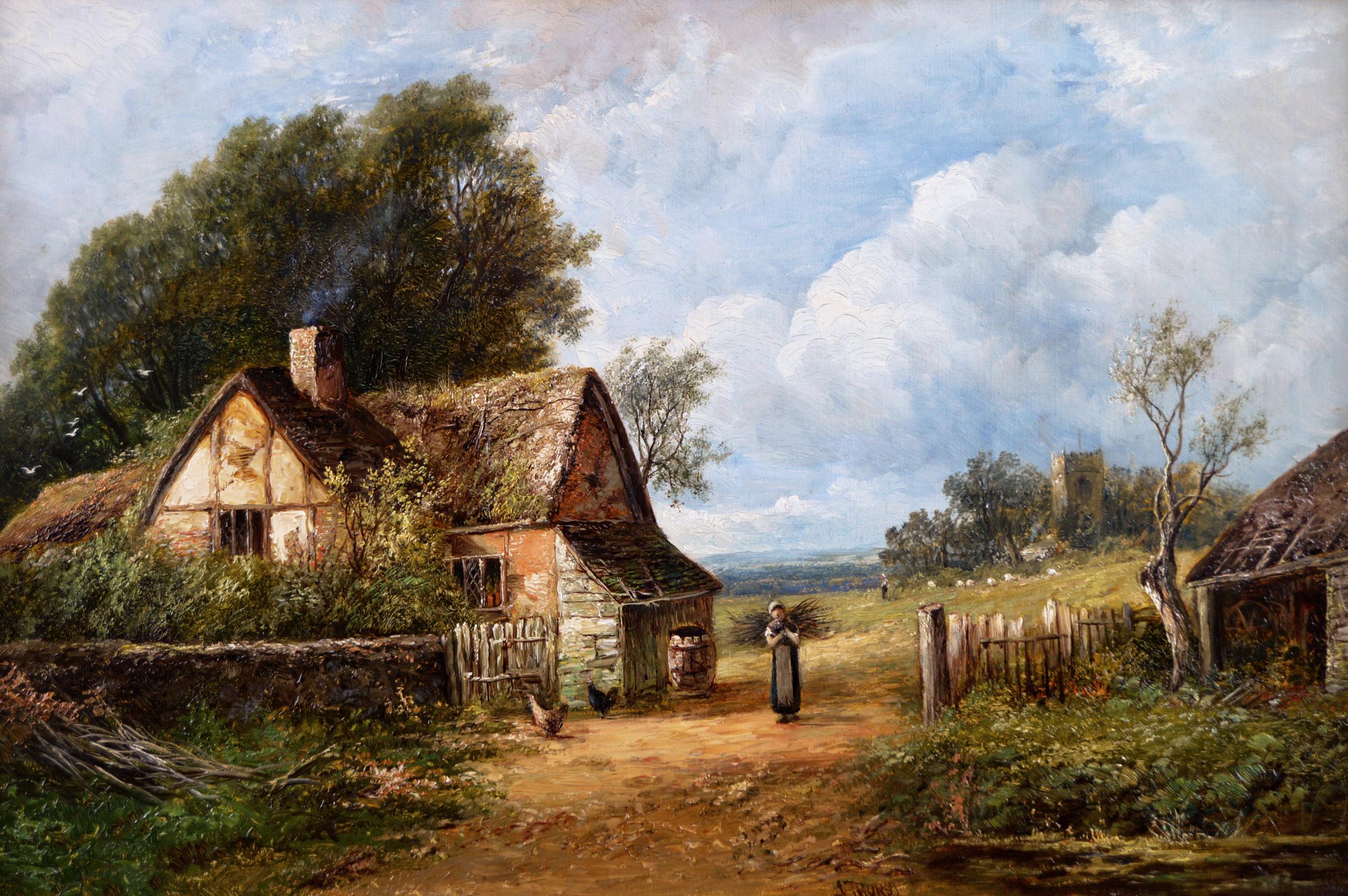 19th Century landscape oil painting of a cottage near a church  - Painting by Joseph Thors
