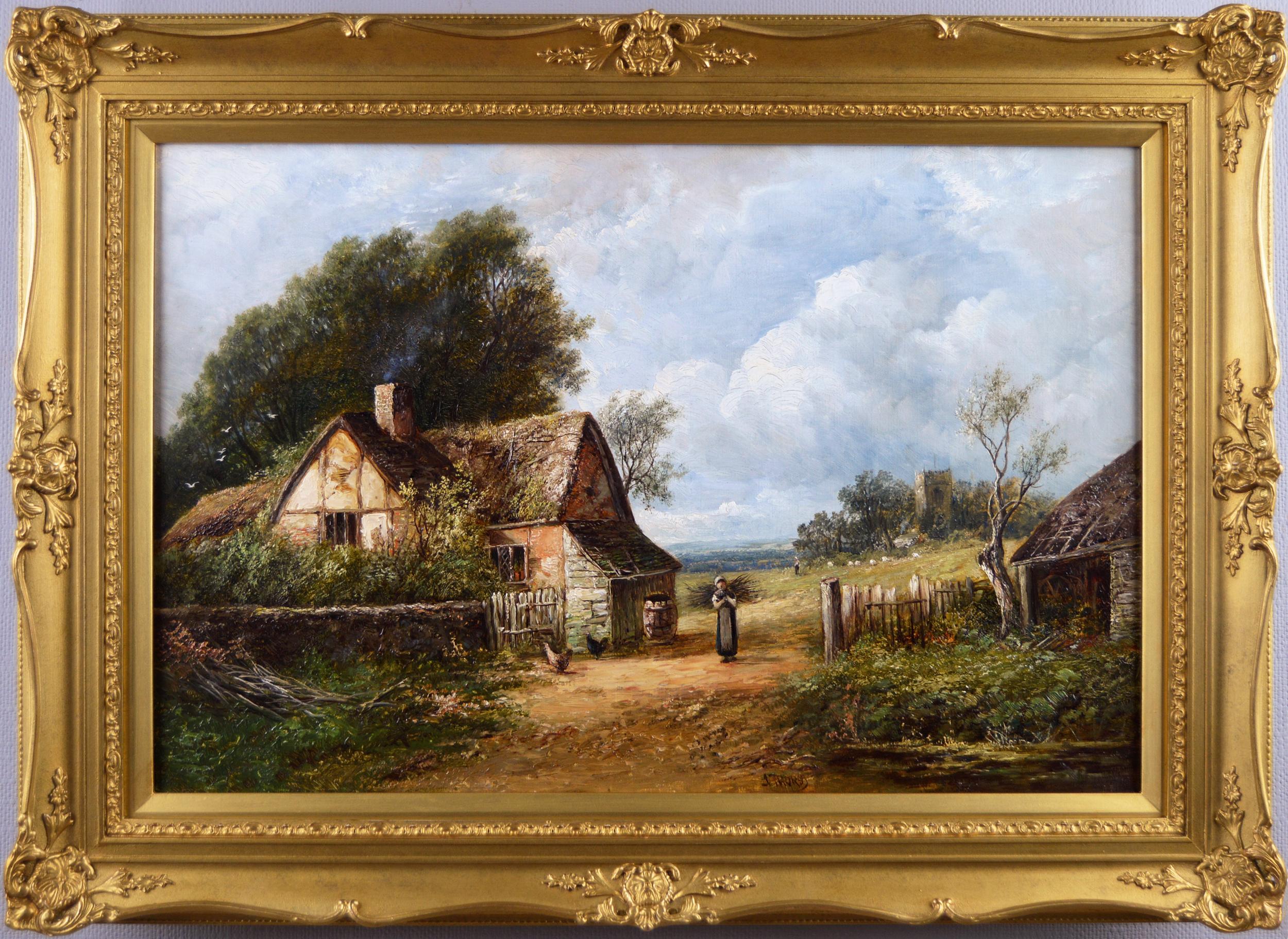 Joseph Thors Landscape Painting - 19th Century landscape oil painting of a cottage near a church 
