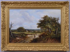 Óleo paisajístico del siglo XIX sobre un camino rural