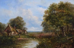 Paesaggio del XIX secolo dipinto a olio con uno stagno di anatre vicino a un cottage