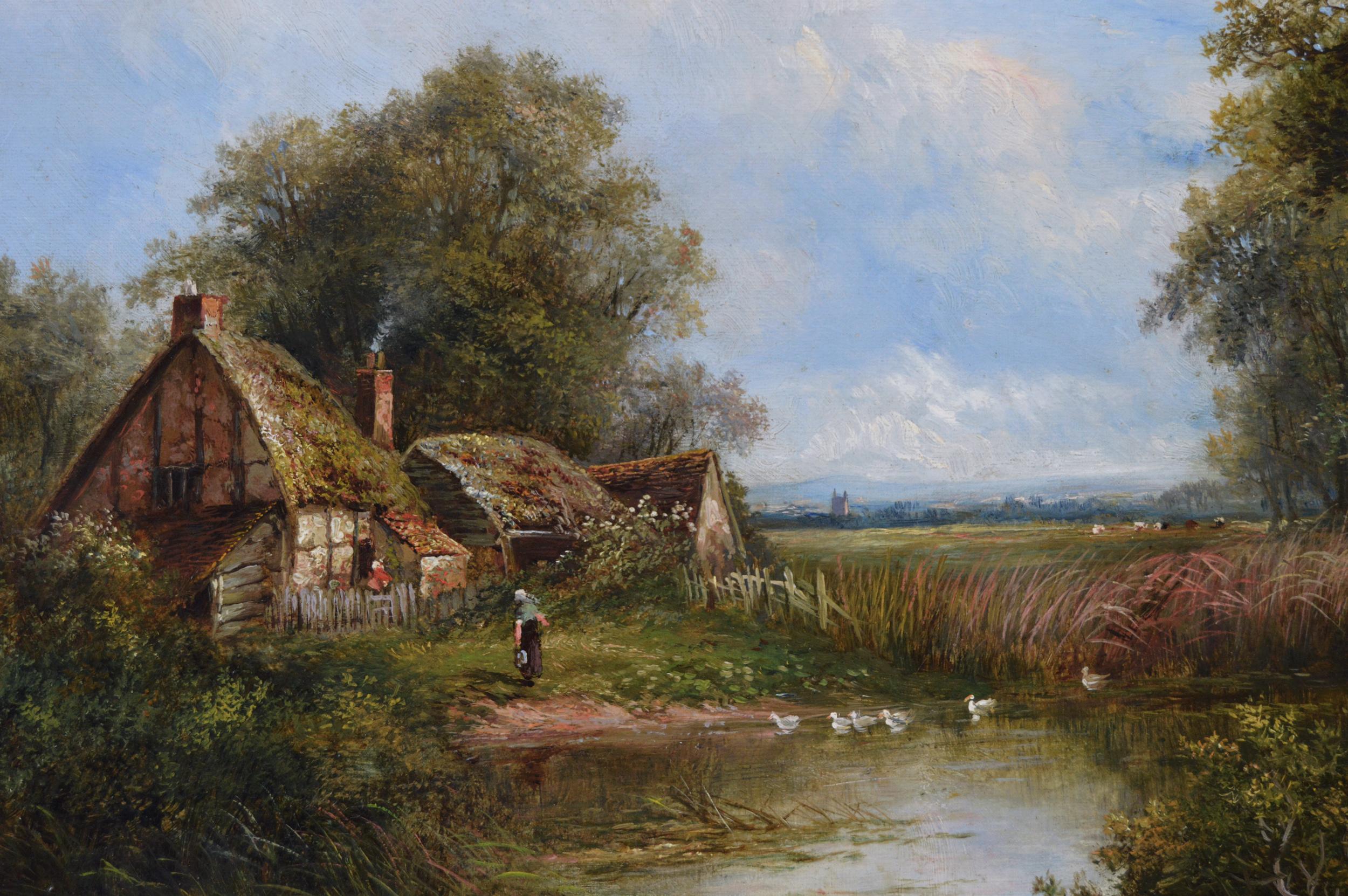 Peinture à l'huile du 19e siècle représentant un étang de canards par un chalet - Victorien Painting par Joseph Thors